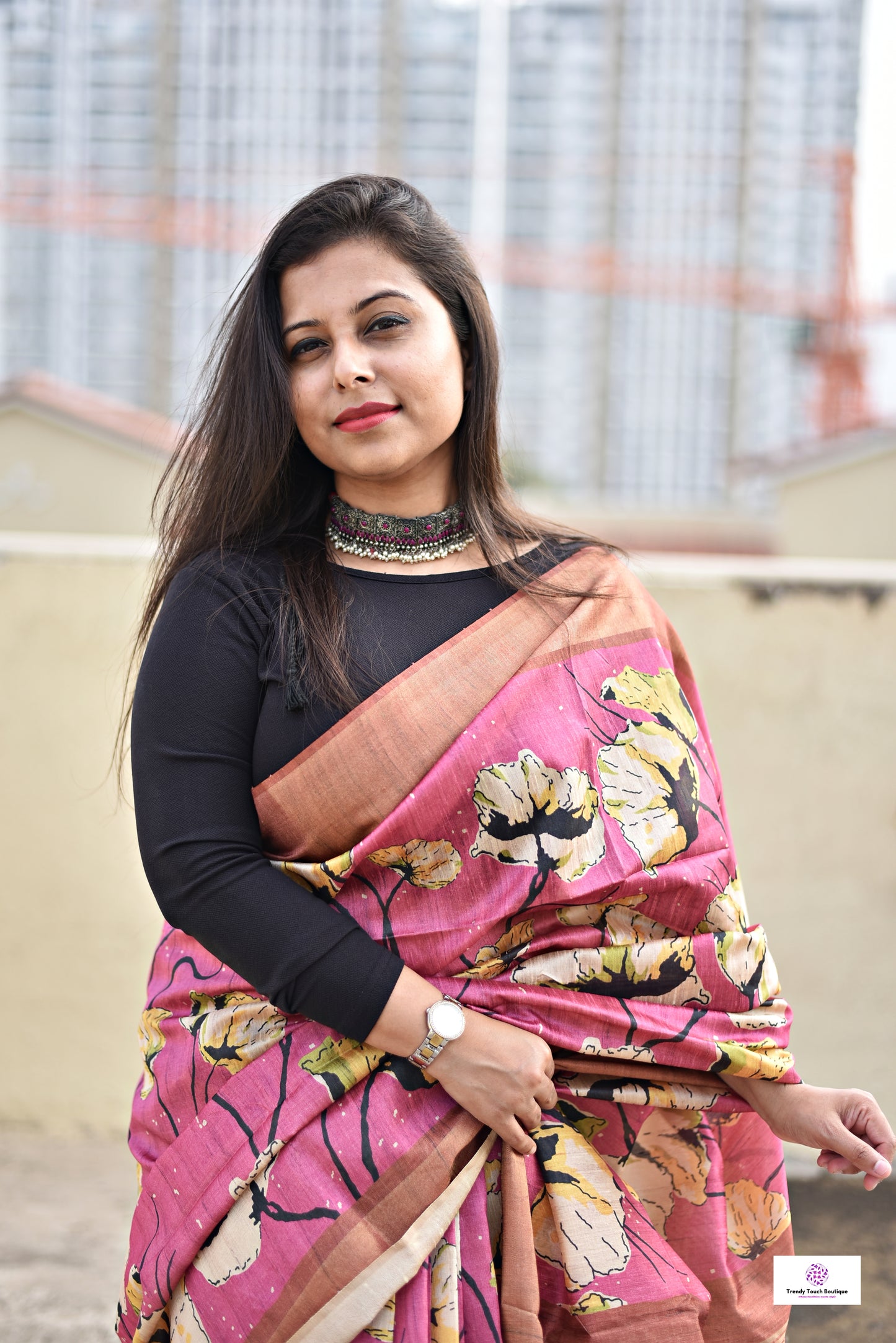 Pink semi tussar silk saree with floral digital print for regular wear and casual function office for women with blouse piece and best price