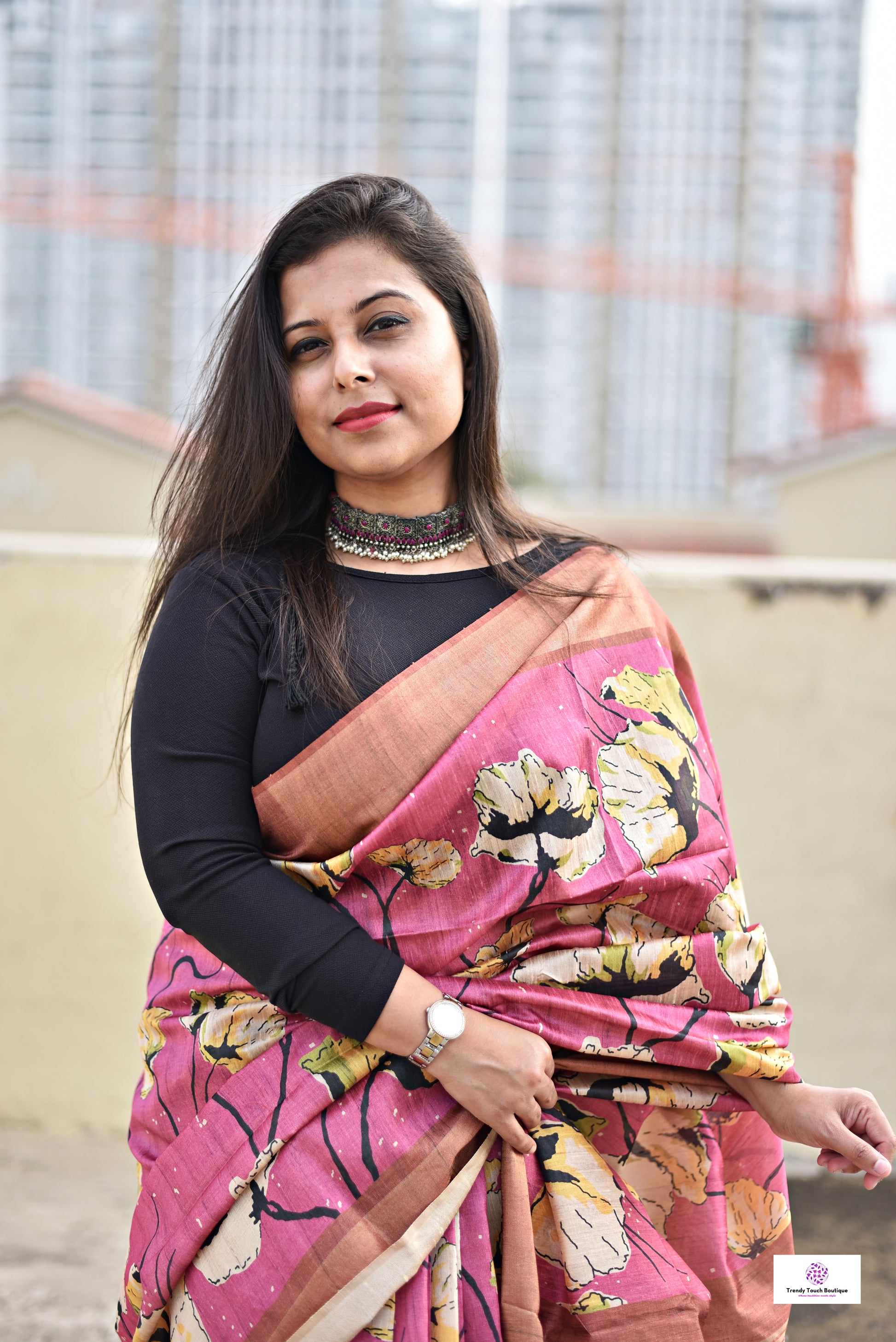 Pink semi tussar silk saree with floral digital print for regular wear and casual function office for women with blouse piece and best price