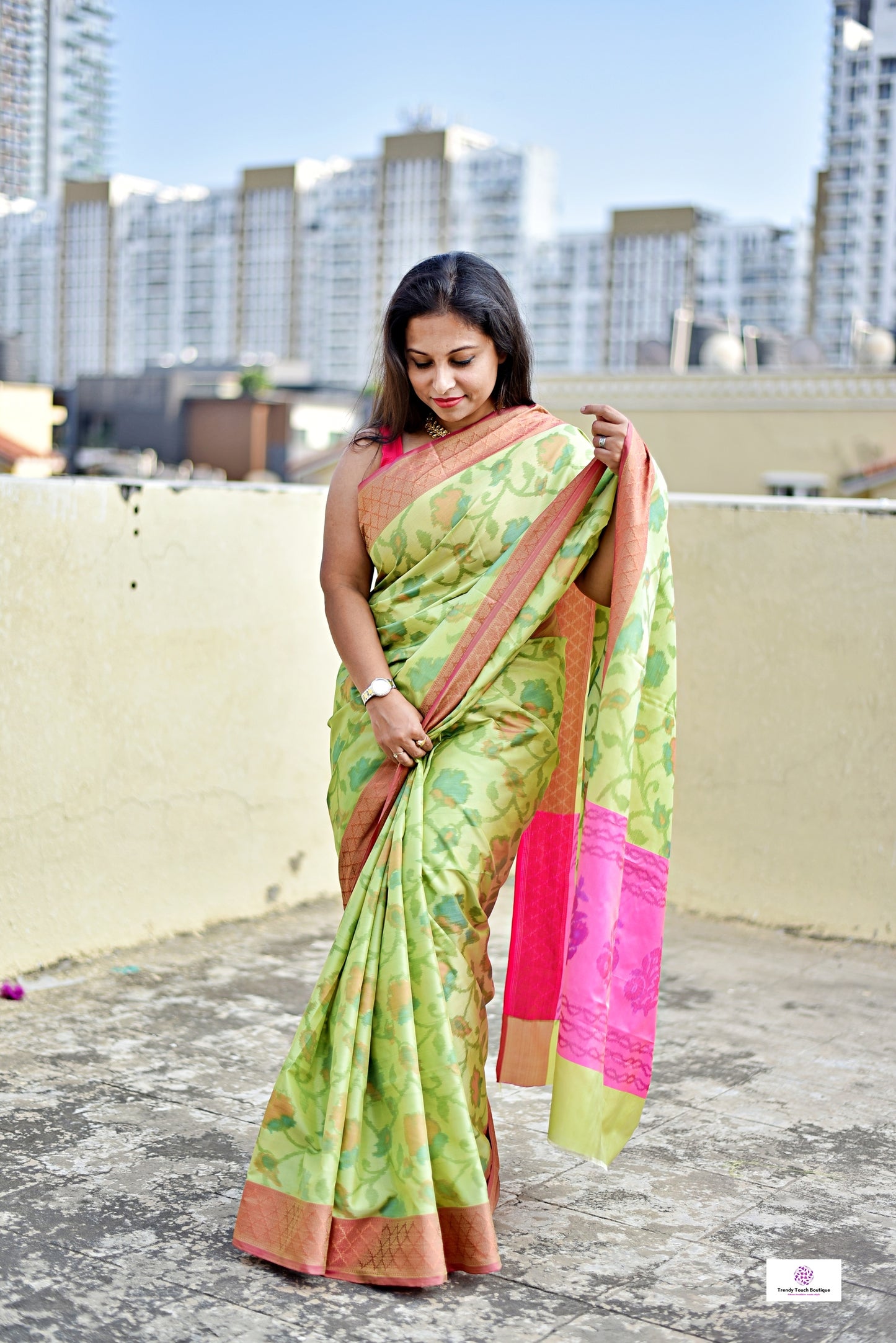 ikkat style digital print soft silk saree green pink for haldi sangeet marriage bridal function puja and special ocassion with blouse piece best price