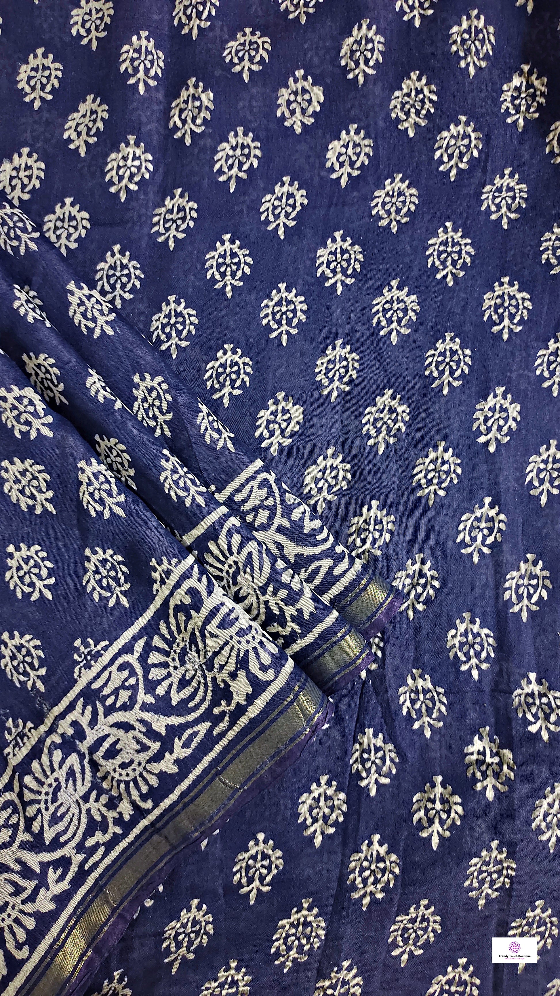 chanderi silk blue saree office wear casual workwear summer saree handblock print mini buta