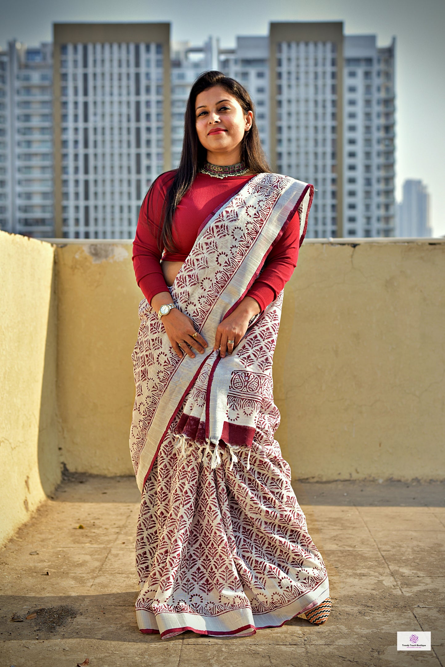 Maroon White Organic Linen Saree Handblock print in natural dye green soft best summer saree for office and casual outing best price with blouse piece