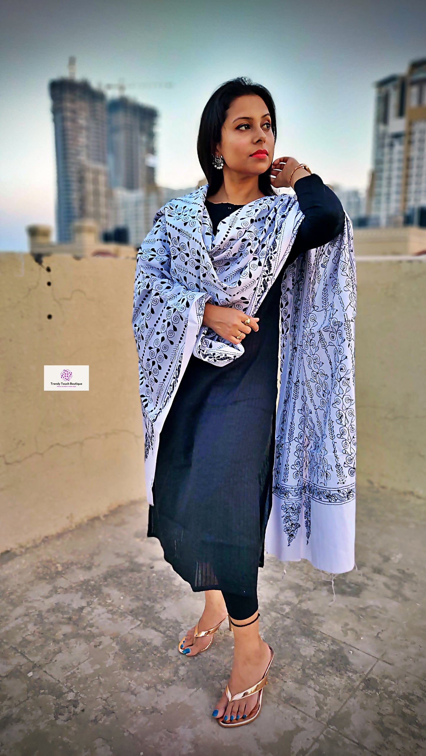 White Kantha work cotton dupatta