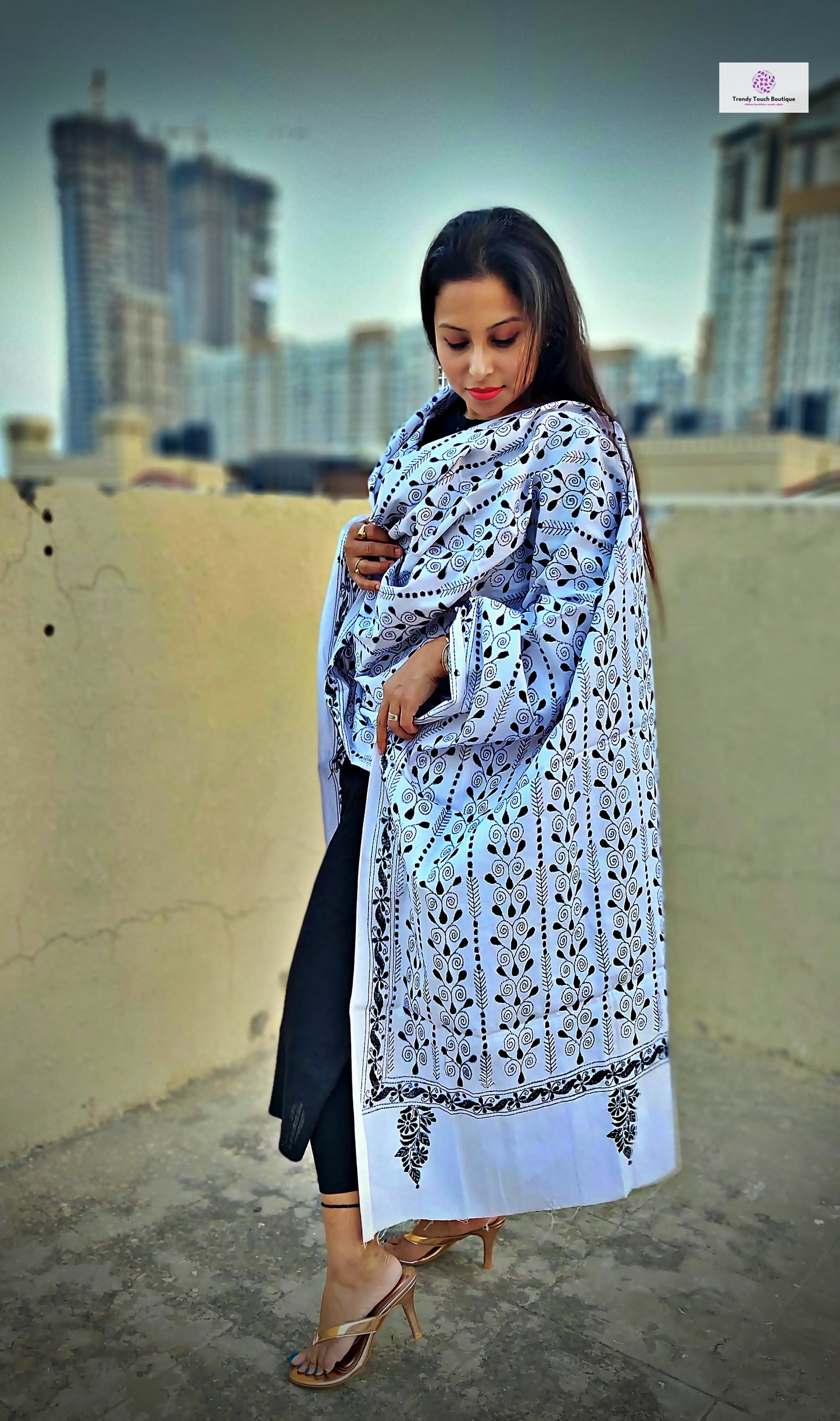 White Kantha work cotton dupatta