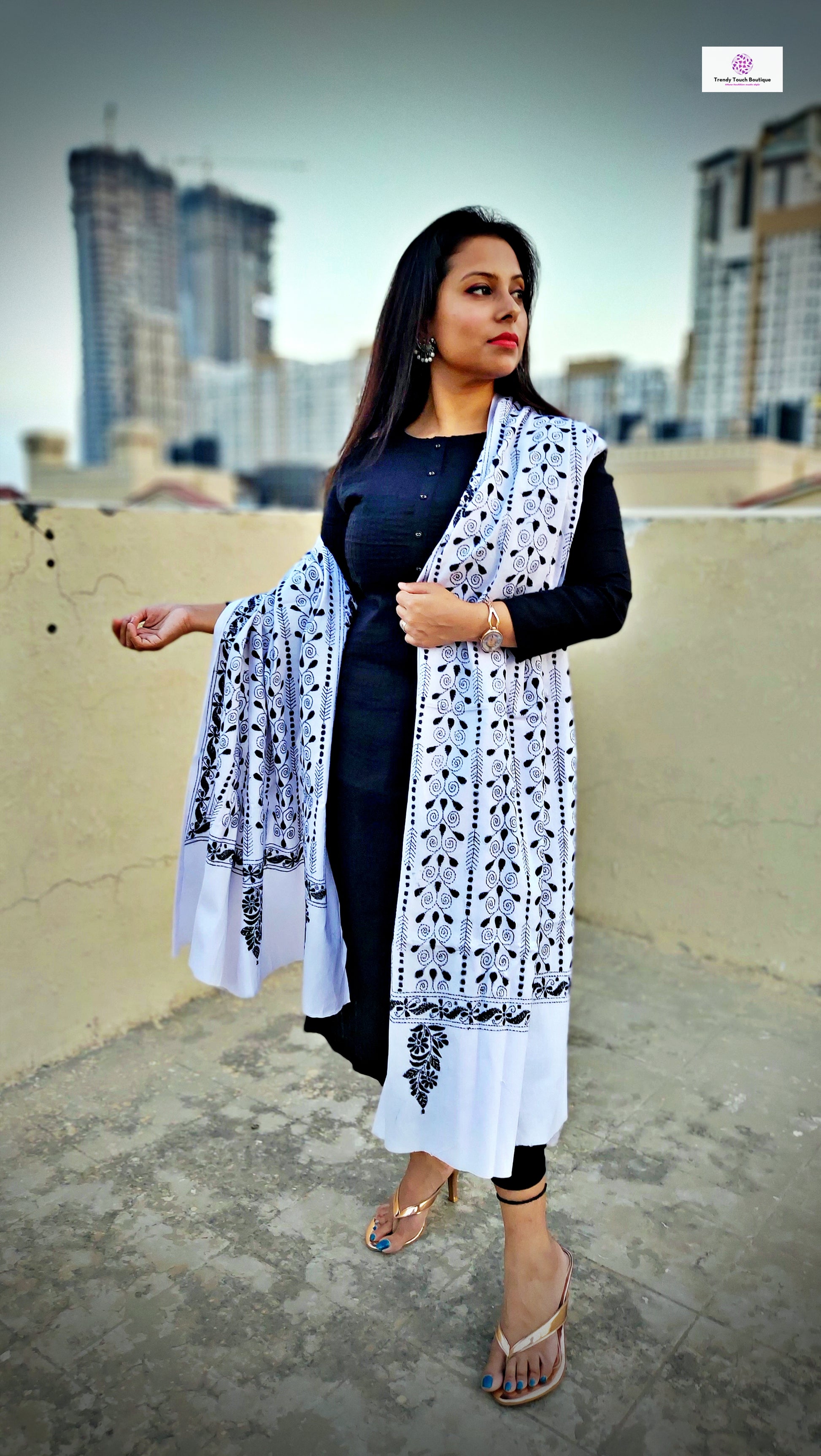 White Kantha work cotton dupatta