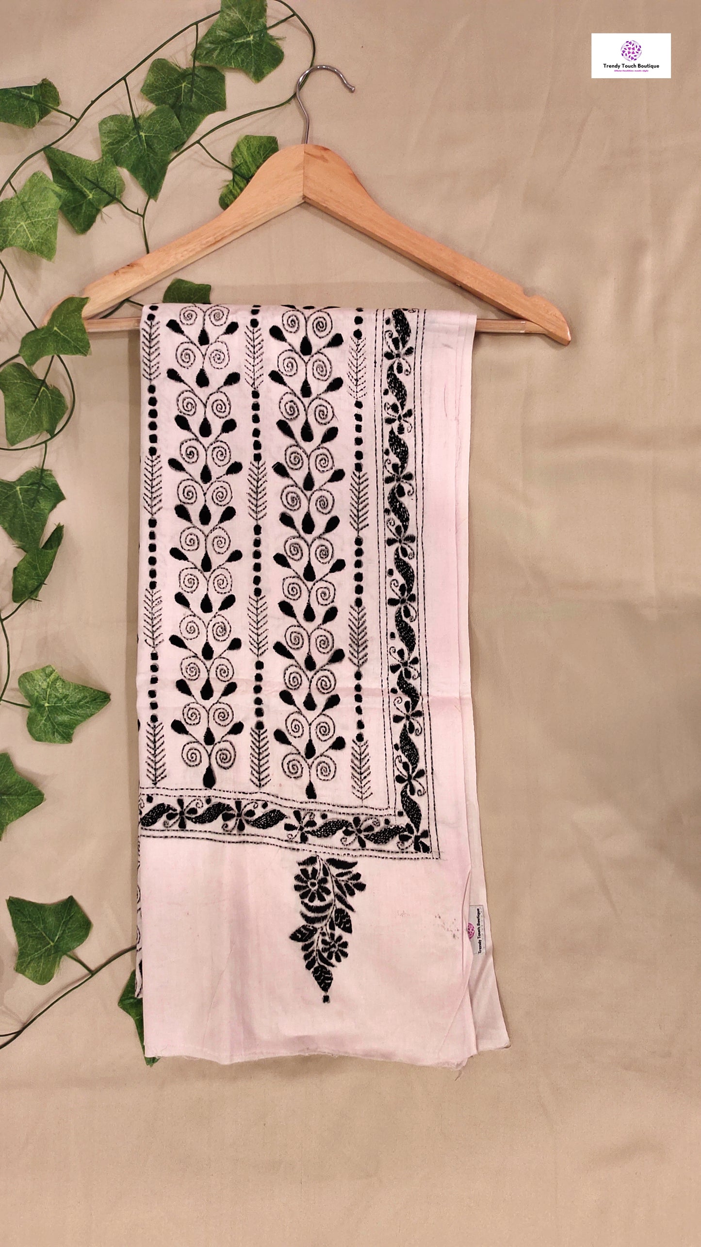 White Kantha work cotton dupatta