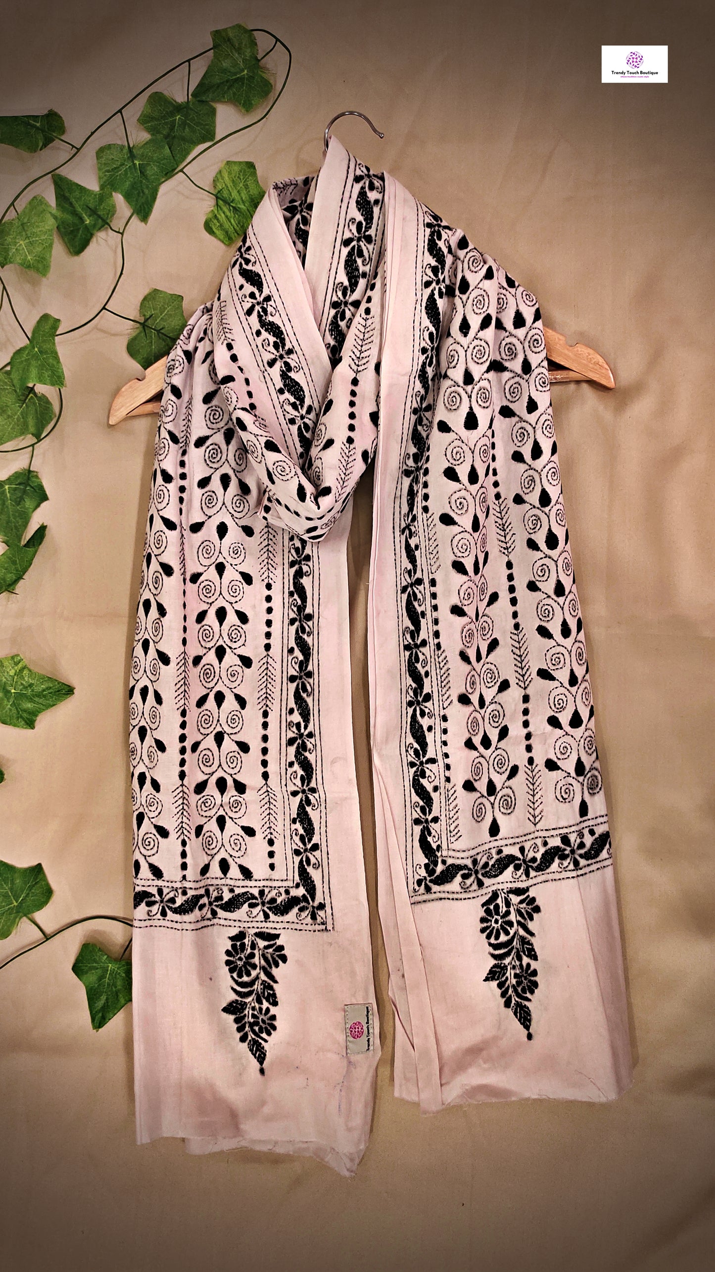 White Kantha work cotton dupatta