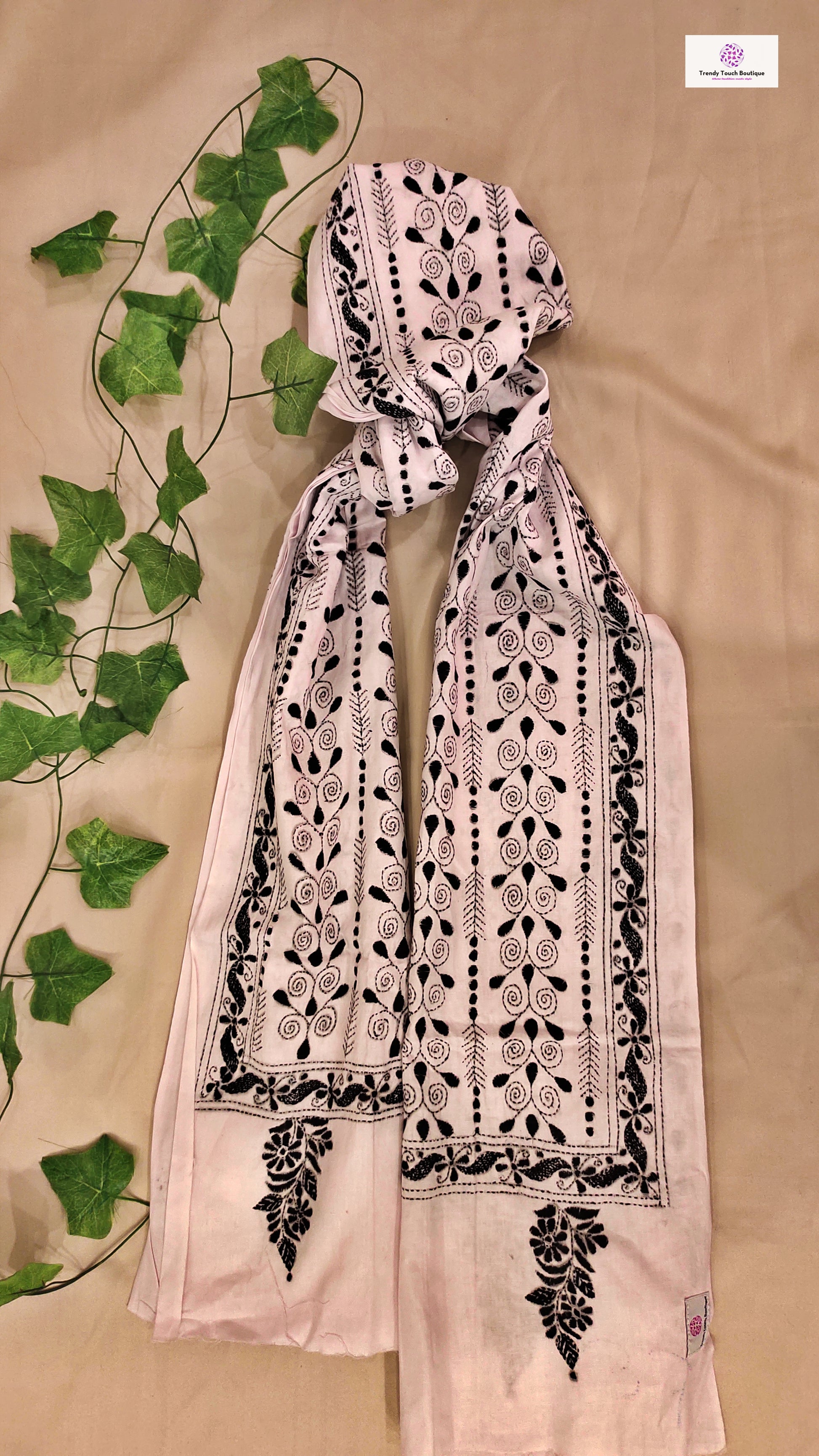 White Kantha work cotton dupatta