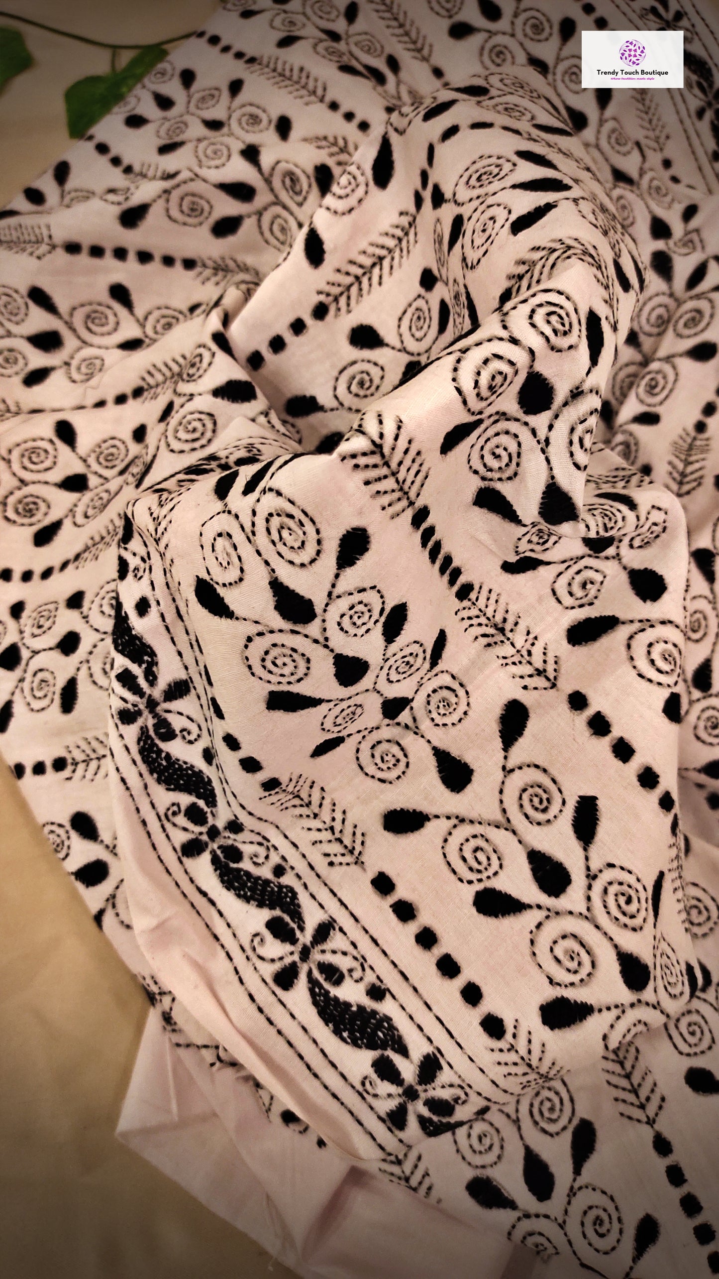 White Kantha work cotton dupatta