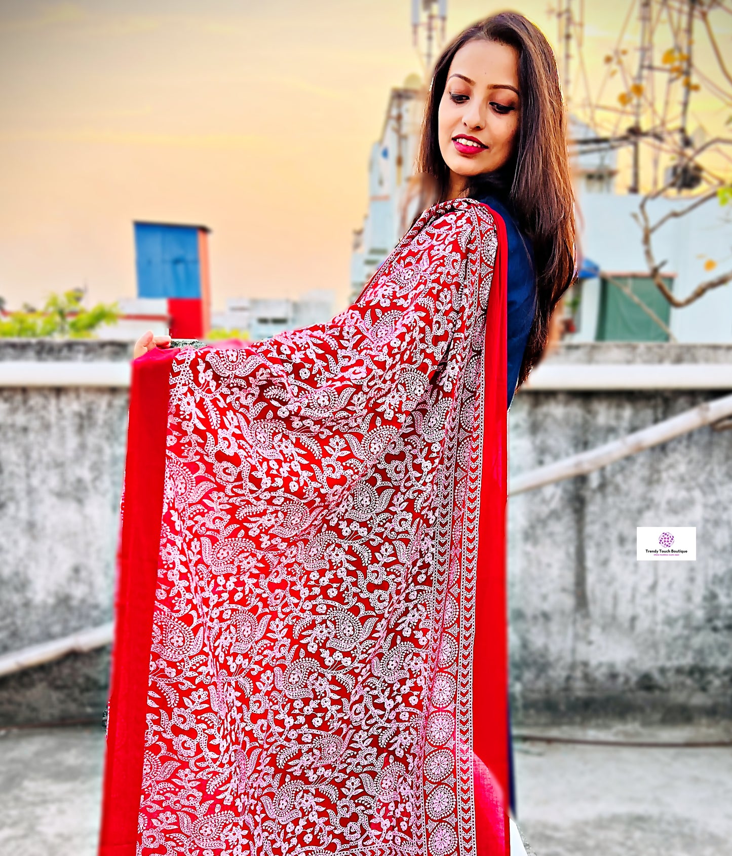 Red mulcotton handblock print dupattas for summer office and college everyday wear , best price !
