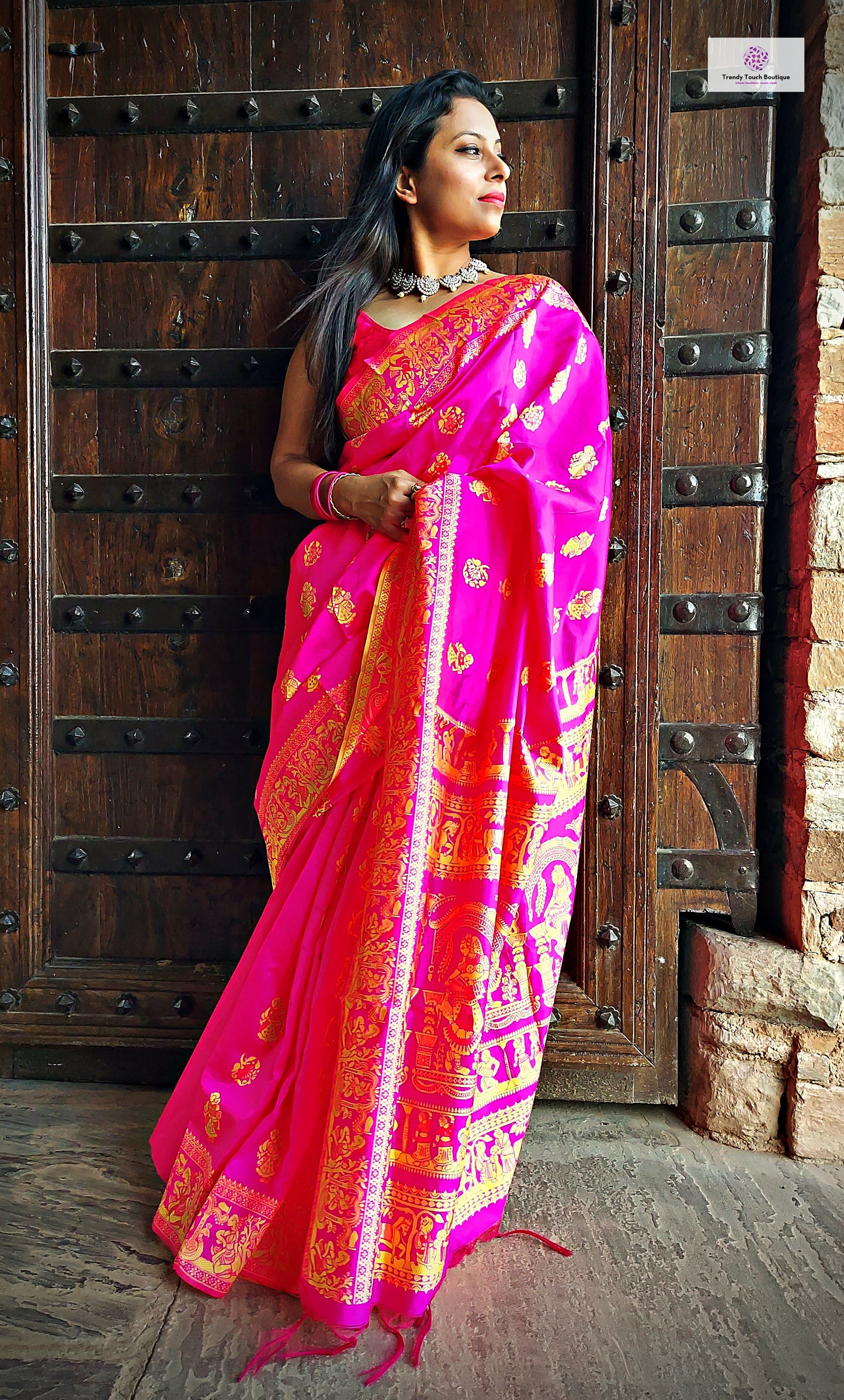 hot pink art silk baluchari silk saree for special ocassion marriage and wedding function with blouse piece and best price