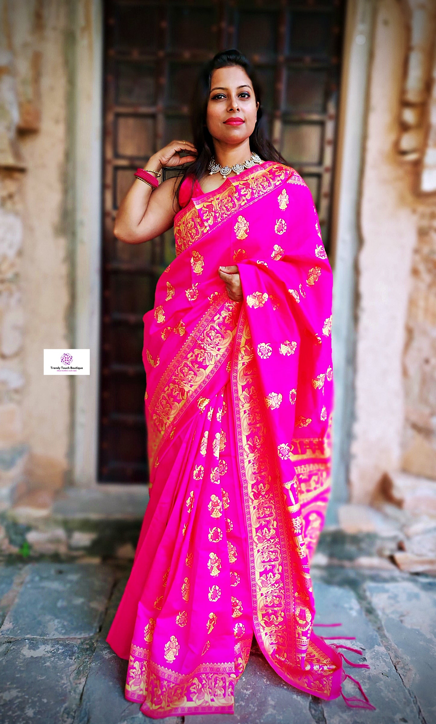 hot pink art silk baluchari silk saree for special ocassion marriage and wedding function with blouse piece and best price