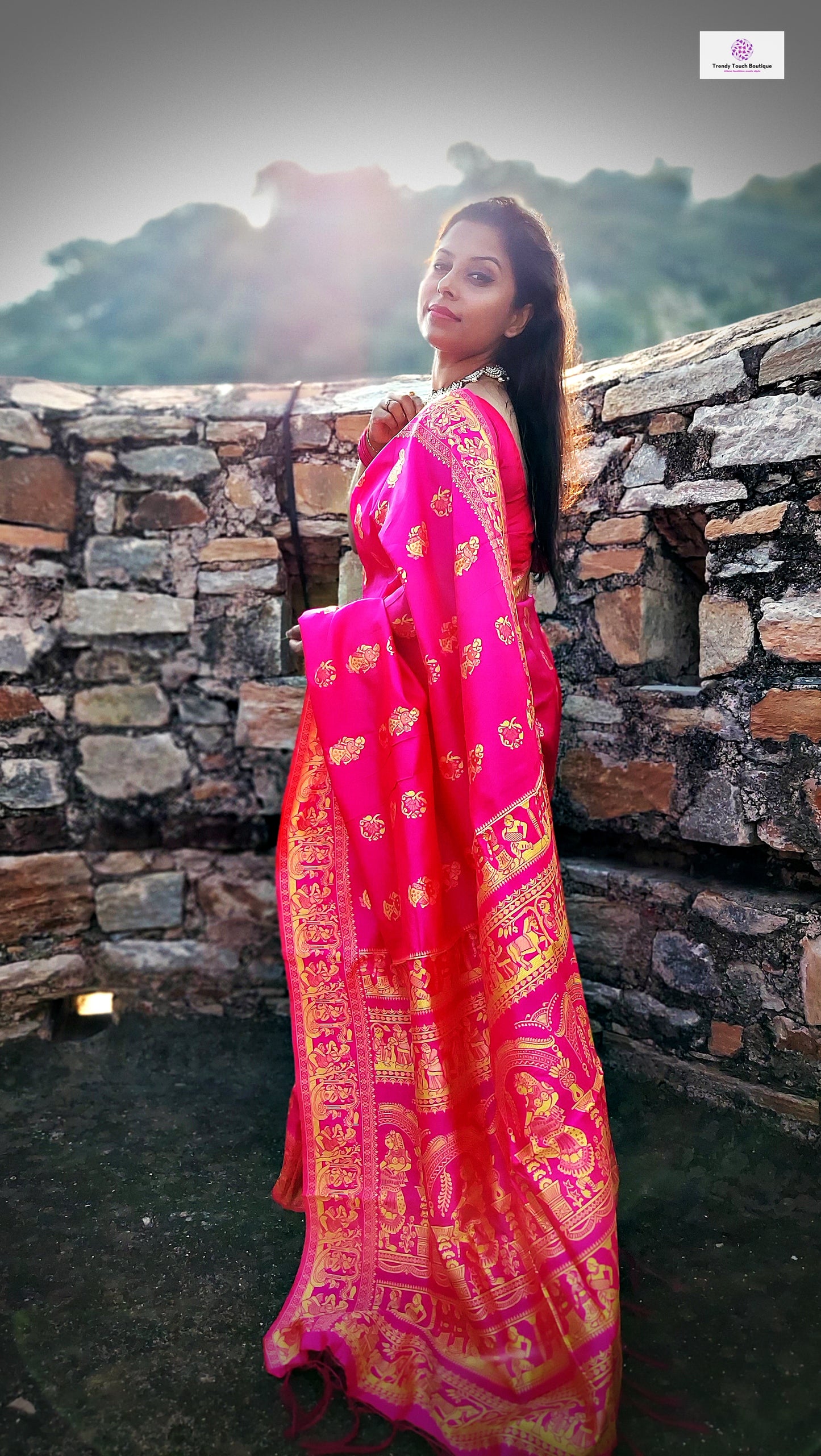 hot pink art silk baluchari silk saree for special ocassion marriage and wedding function with blouse piece and best price
