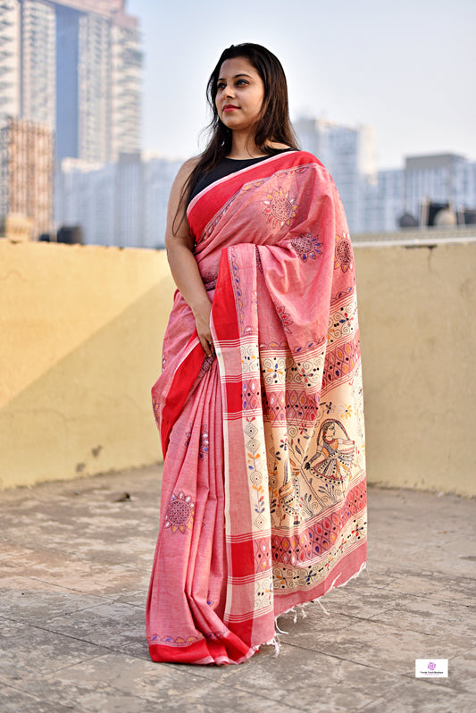 kantha stitch cotton handloom saree in red and cream traditional design with blouse piece and lightweight, soft, breathable for office or traditional functions or marriage ceremonies with blouse piece best price