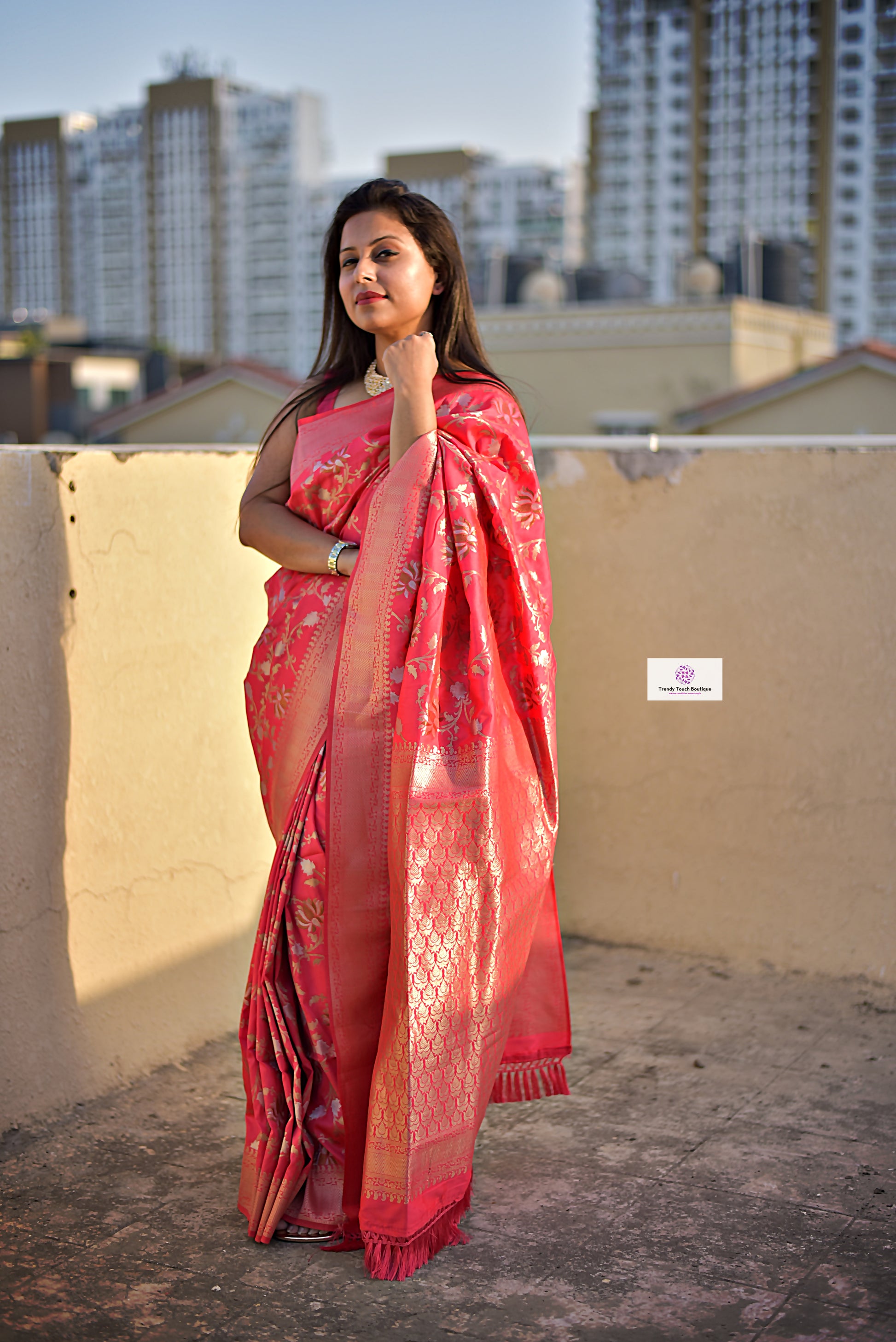 fiery pink gold silver zari work tassle pallu banarasi silk saree affordable price with blouse piece designer party wear wedding function celebration saree