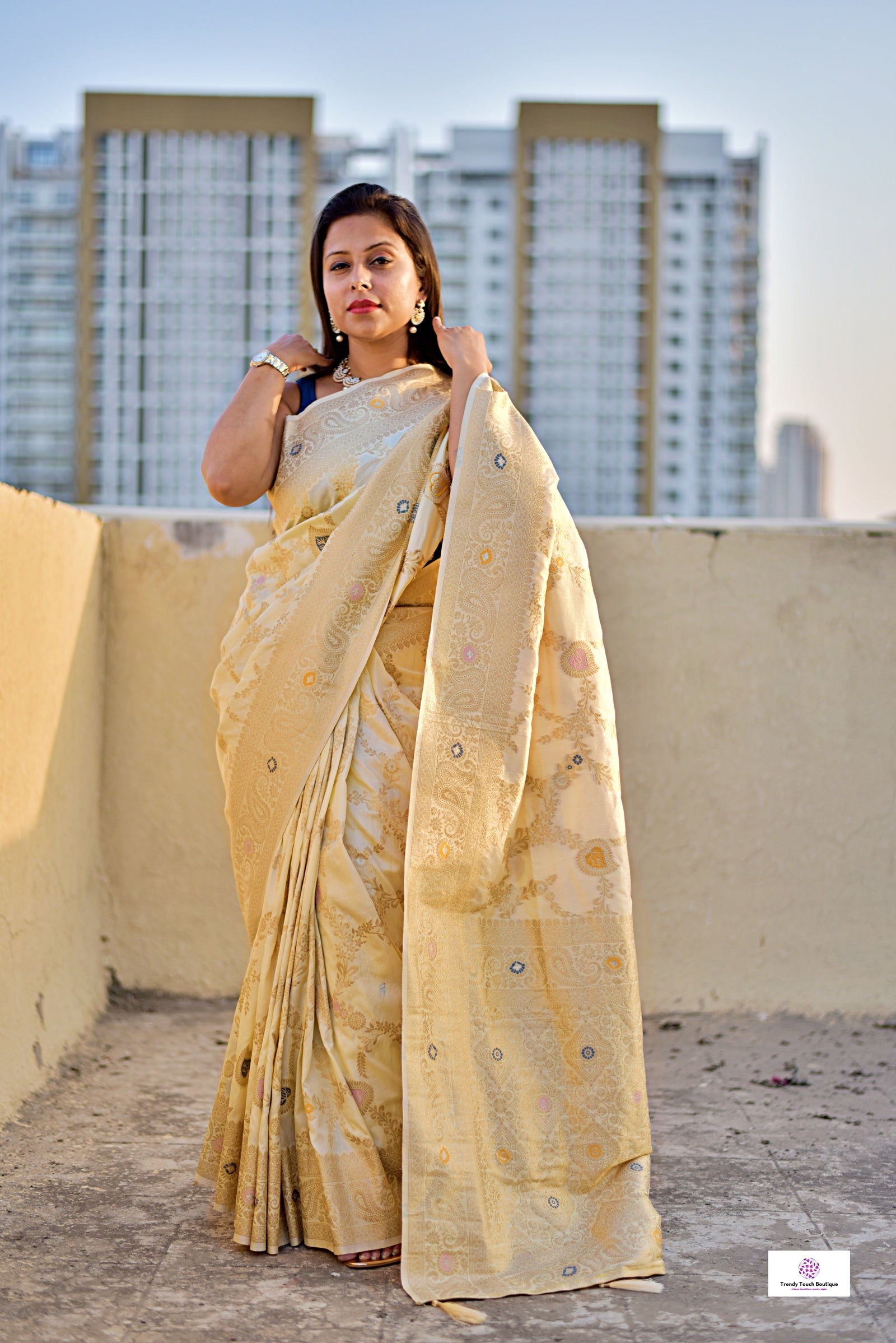 ivory off white jaal work handwoven banarasi silk saree with blouse piece wedding season special party wear bengali saree best price shop online