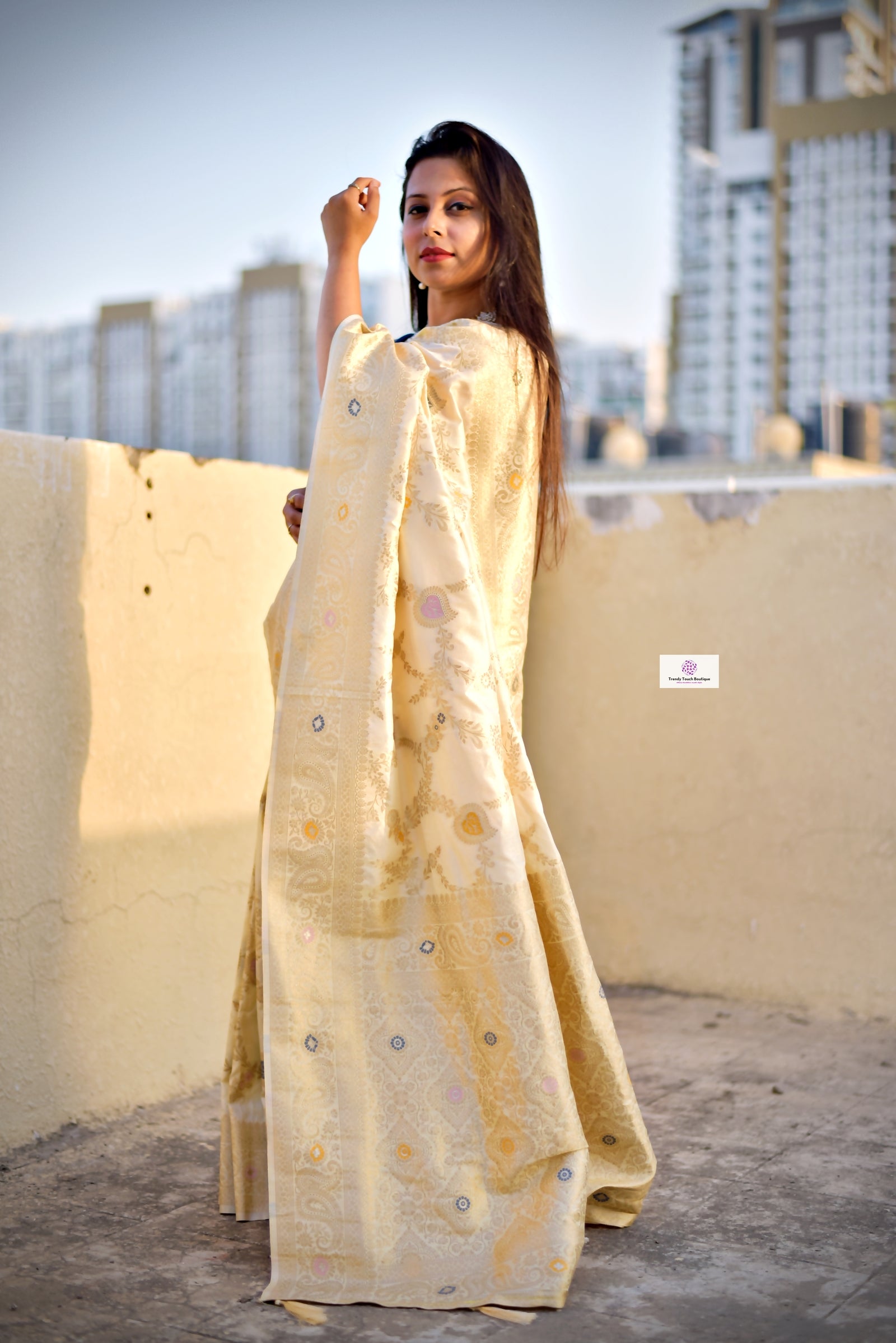 ivory off white jaal work handwoven banarasi silk saree with blouse piece wedding season special party wear bengali saree best price shop online