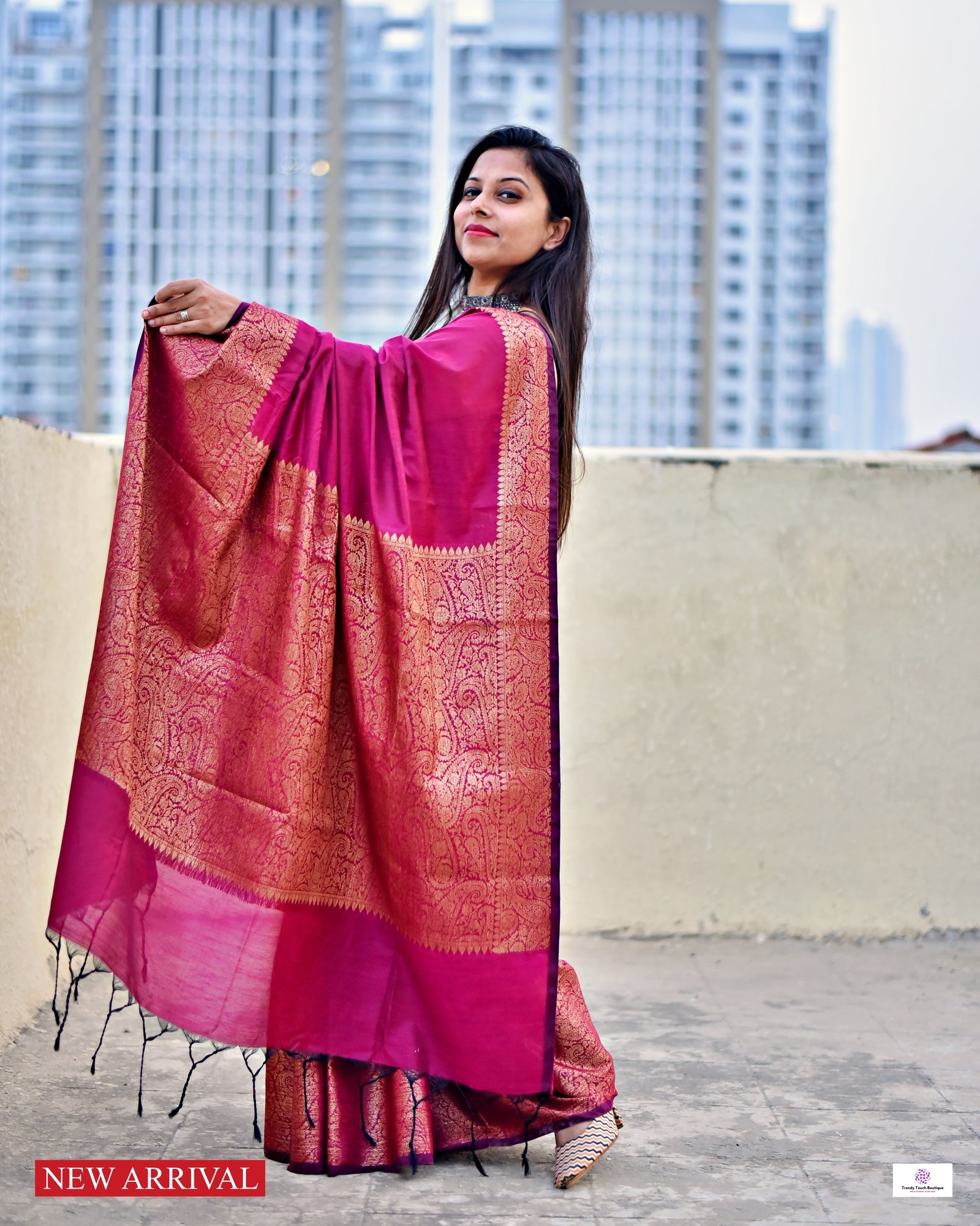 magenta color copper zari work kataan silk for puja and festive ocassion with brocade blouse piece and best price