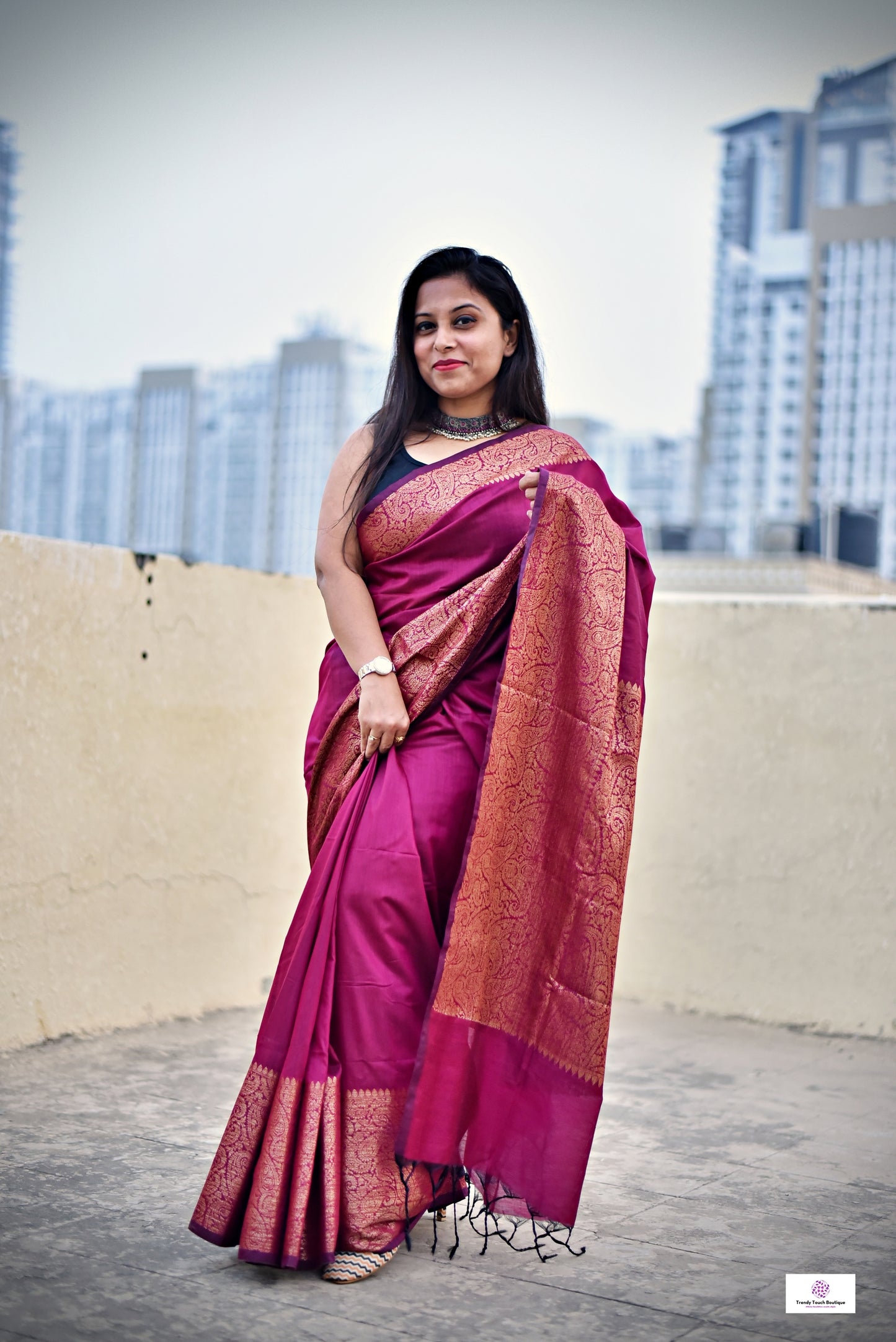 magenta color copper zari work kataan silk for puja and festive ocassion with brocade blouse piece and best price