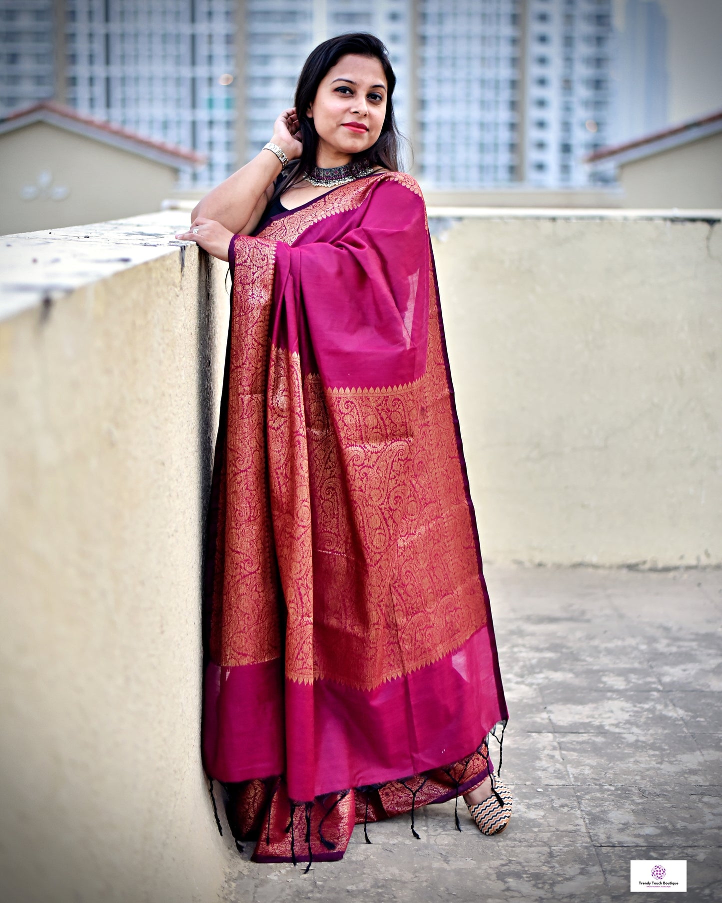 magenta color copper zari work kataan silk for puja and festive ocassion with brocade blouse piece and best price