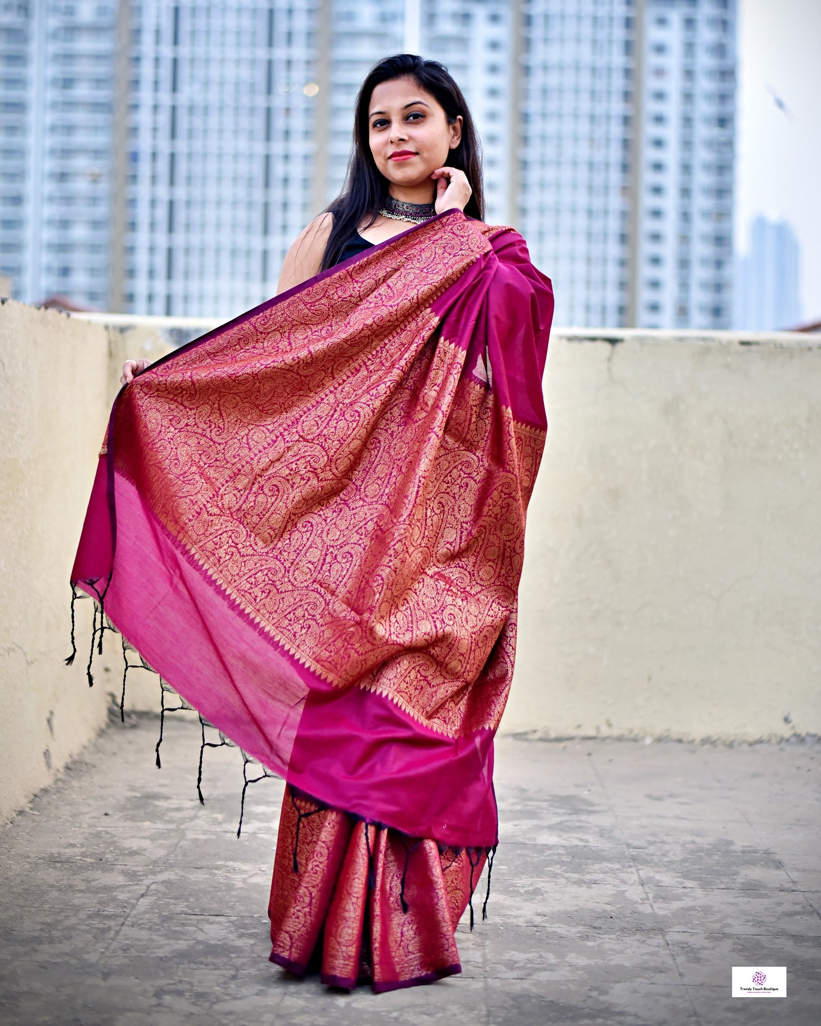 magenta color copper zari work kataan silk for puja and festive ocassion with brocade blouse piece and best price