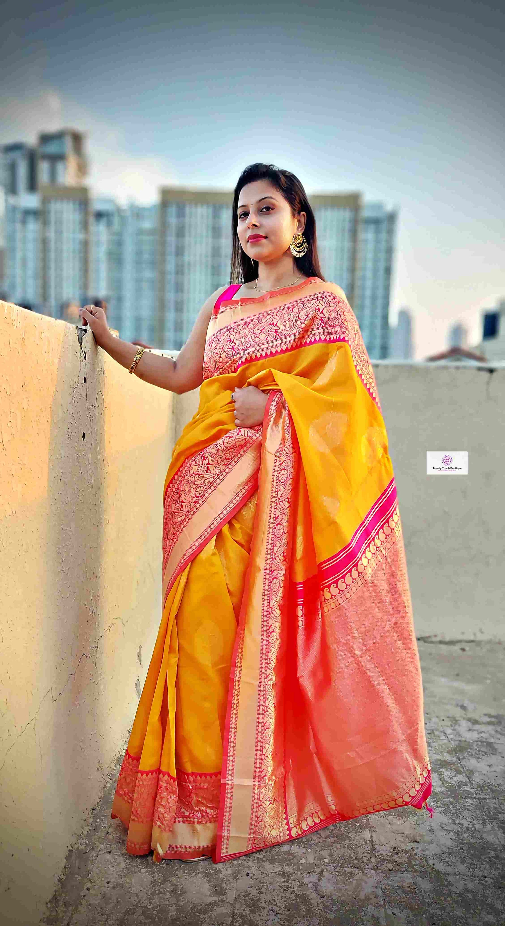 lichi silk saree lightweight lichi silk yellow pink saree wedding and marriage celebration haldi ceremony sarees online