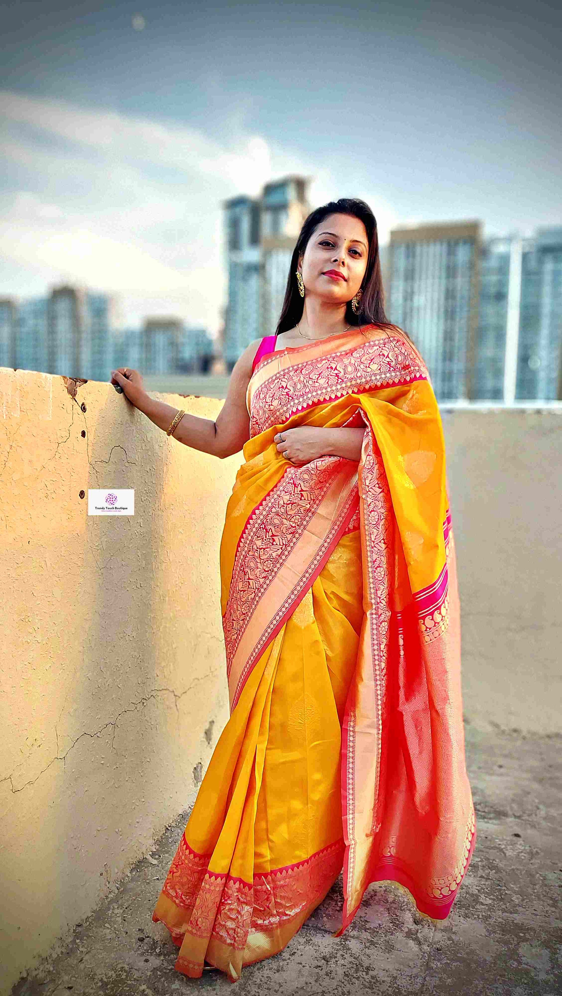 lichi silk saree lightweight lichi silk yellow pink saree wedding and marriage celebration haldi ceremony sarees online