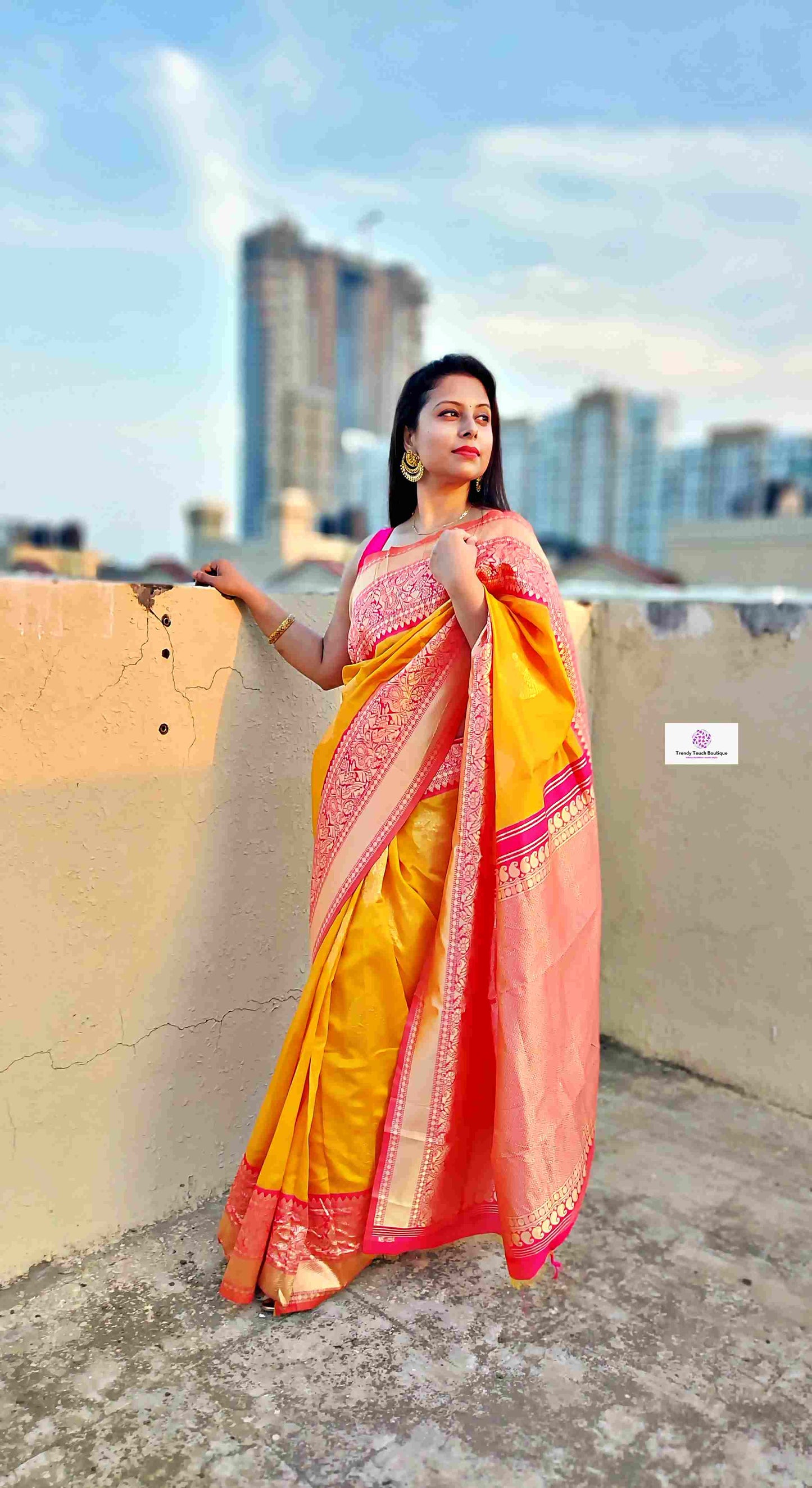 lightweight lichi silk yellow pink saree wedding and marriage celebration haldi ceremony sarees online