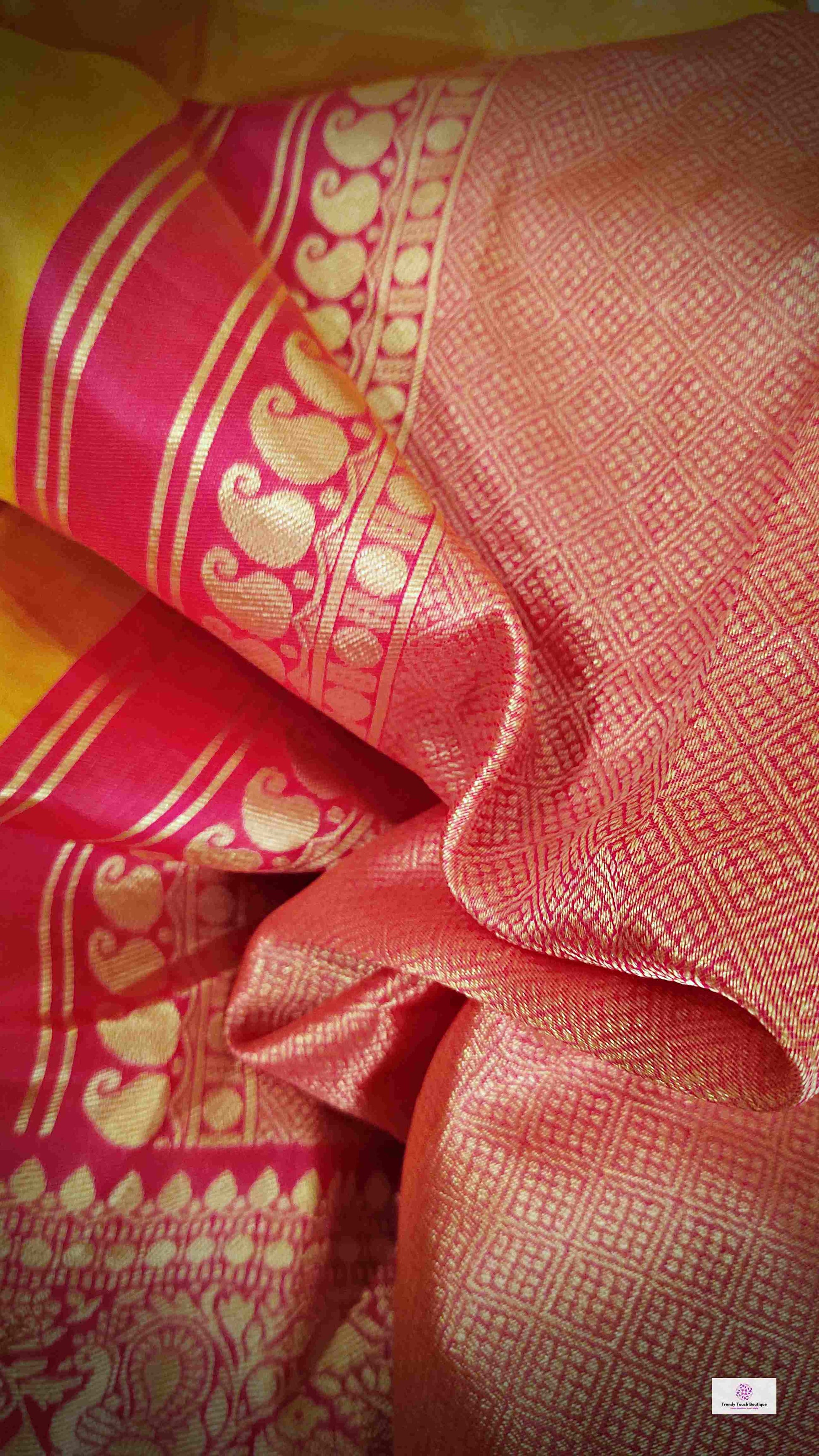 lichi silk saree 1,999 festive saree for durga puja and navratri yellow pink saree