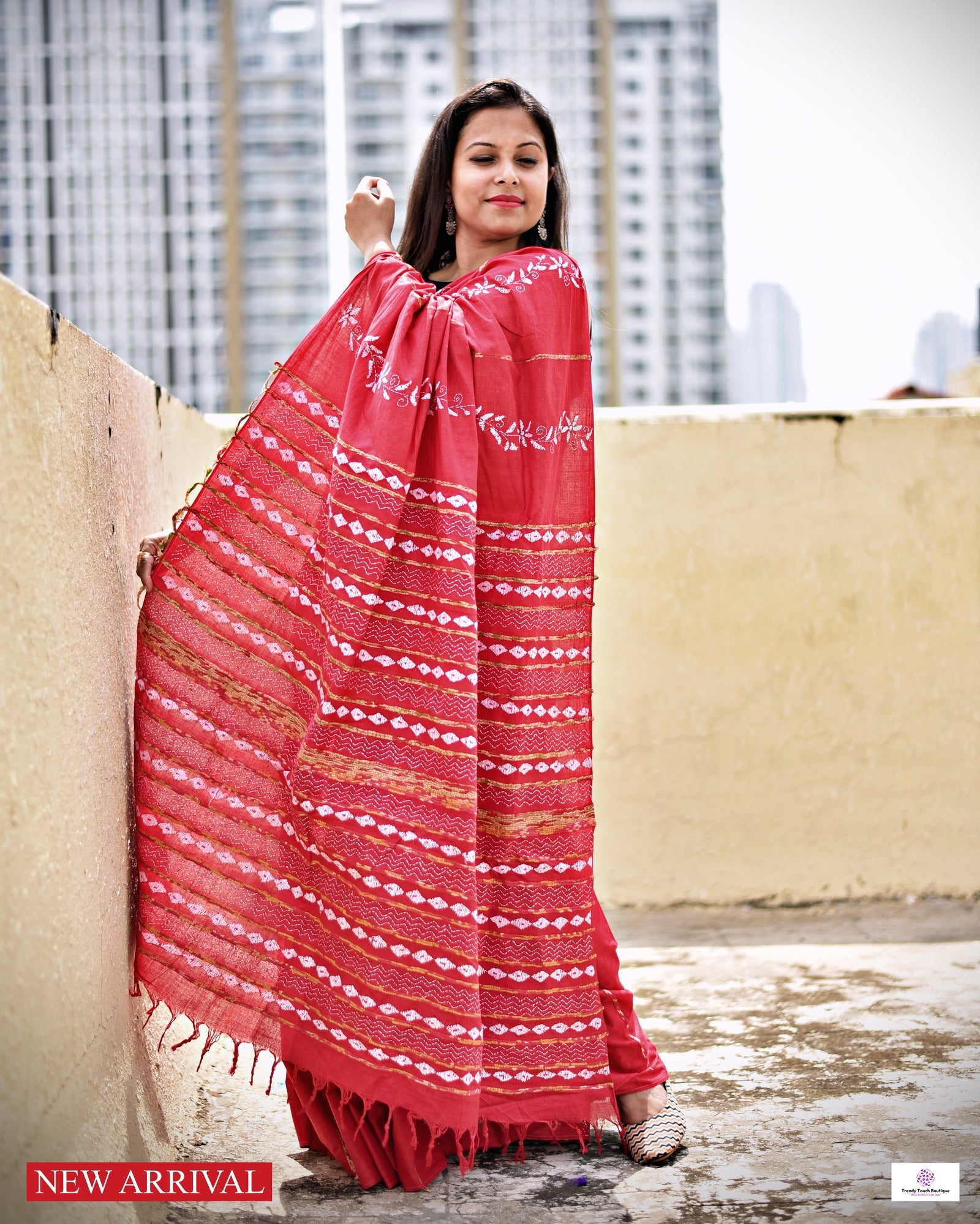 Kantha stitch handembroidered designer red khesh cotton handloom with blouse piece best price
