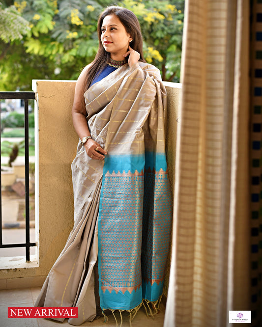 Soft silk saree in grey and blue with blouse piece, fits both casual and office styling best price