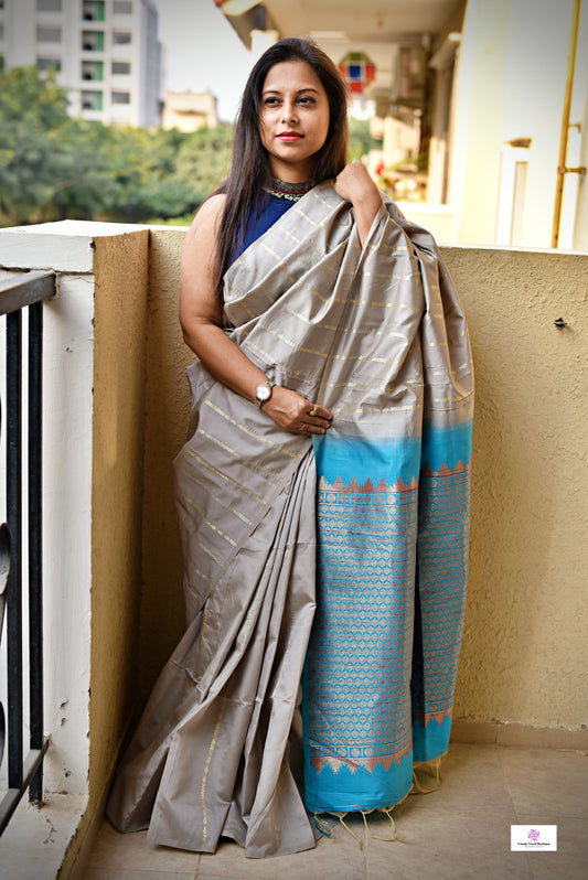 Soft silk saree in grey and blue with blouse piece, fits both casual and office styling best price