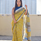  best summer handwoven handloom fabric handblock print organic slub linen saree yellow blue color at best price online with blouse piece for office wear or everyday styling!