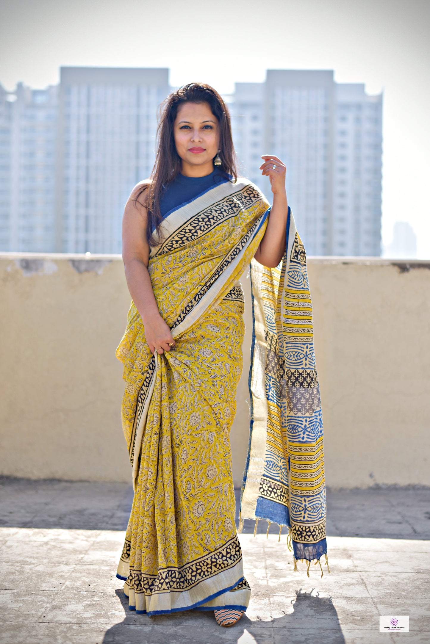  best summer handwoven handloom fabric handblock print organic slub linen saree yellow blue color at best price online with blouse piece for office wear or everyday styling!