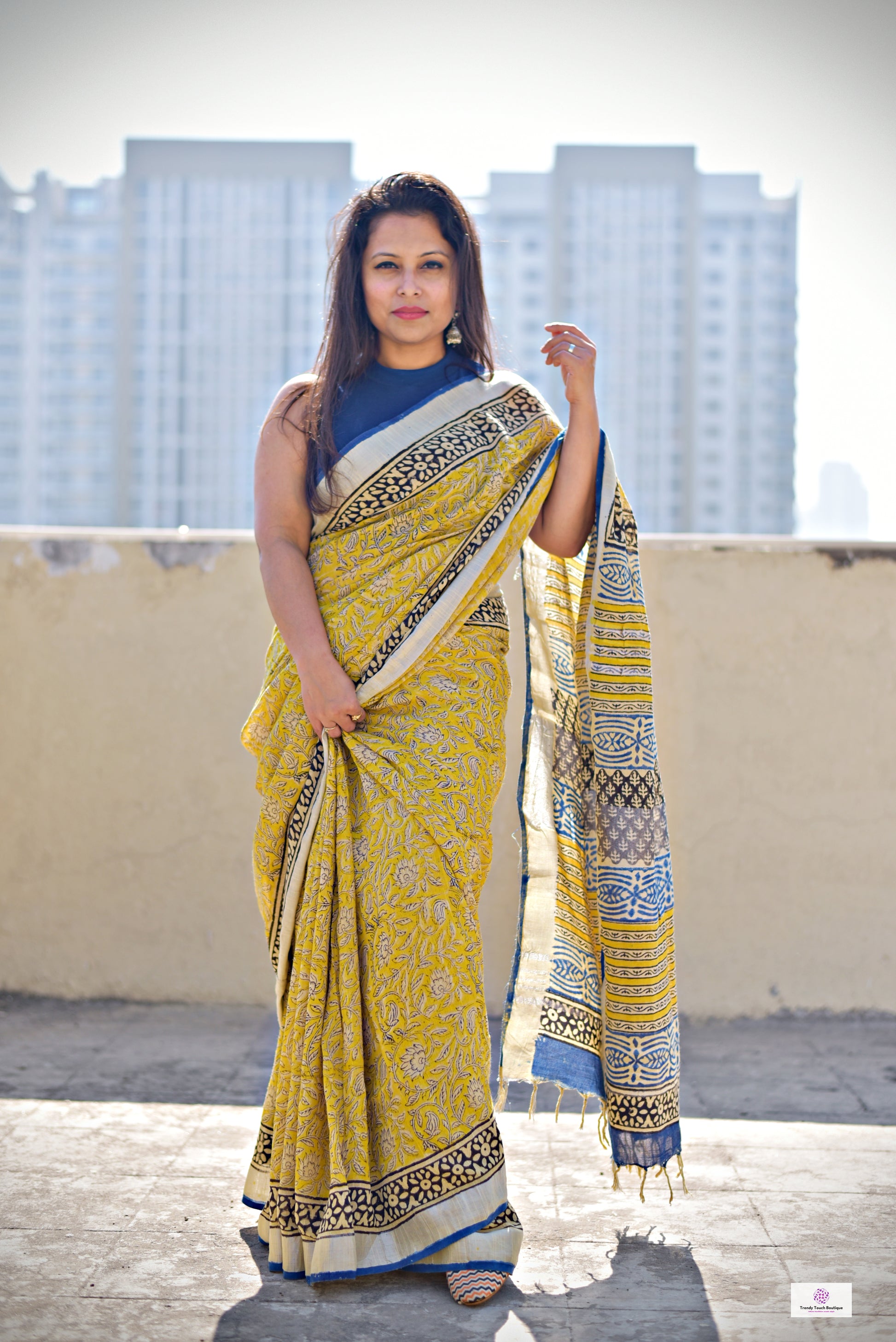  best summer handwoven handloom fabric handblock print organic slub linen saree yellow blue color at best price online with blouse piece for office wear or everyday styling!