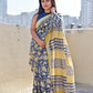 slub linen organic dye handblock print yellow blue saree office wear best price shop online summer spring saree collection