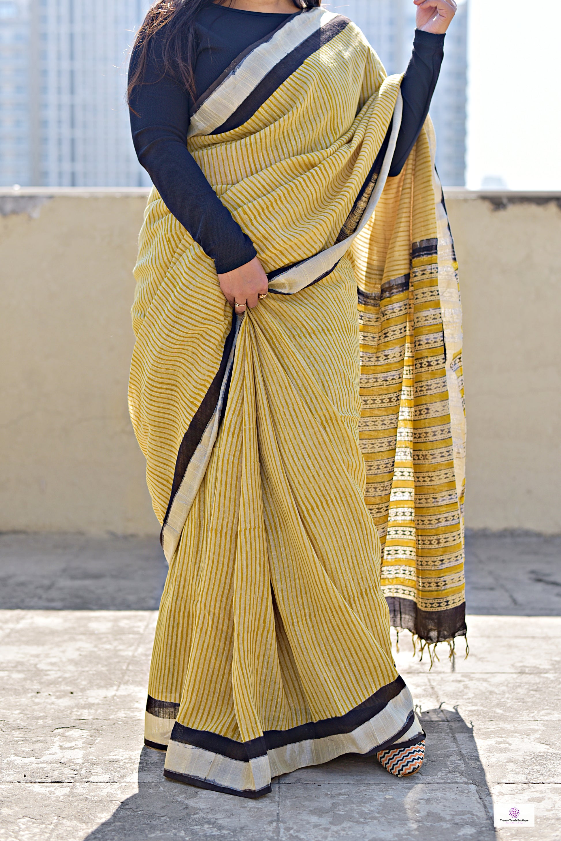 slub linen organic dye handblock print yellow brown saree office wear best price shop online summer spring saree collection