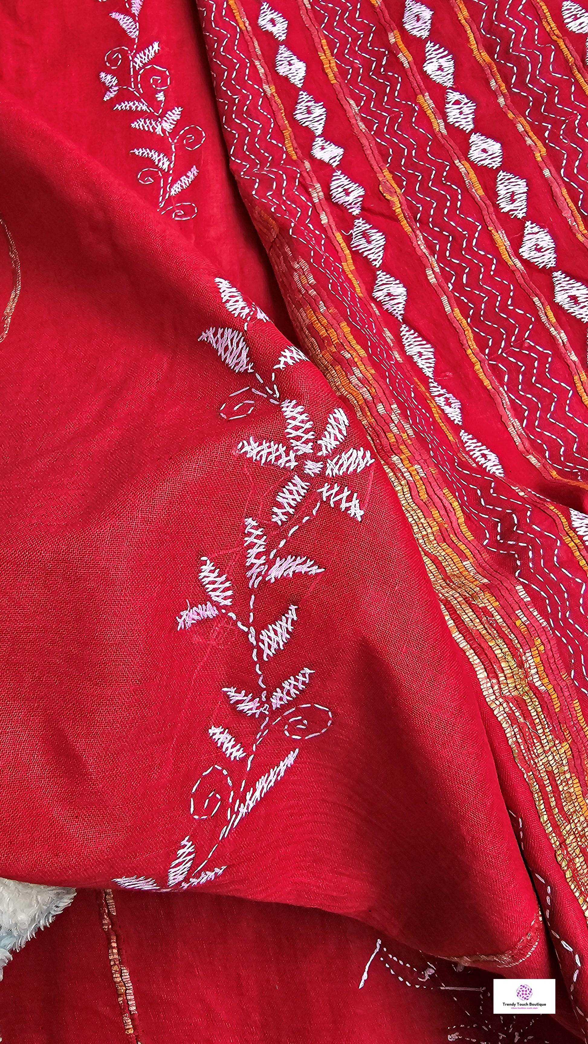 Kantha stitch handembroidered designer red khesh cotton handloom with blouse piece best price