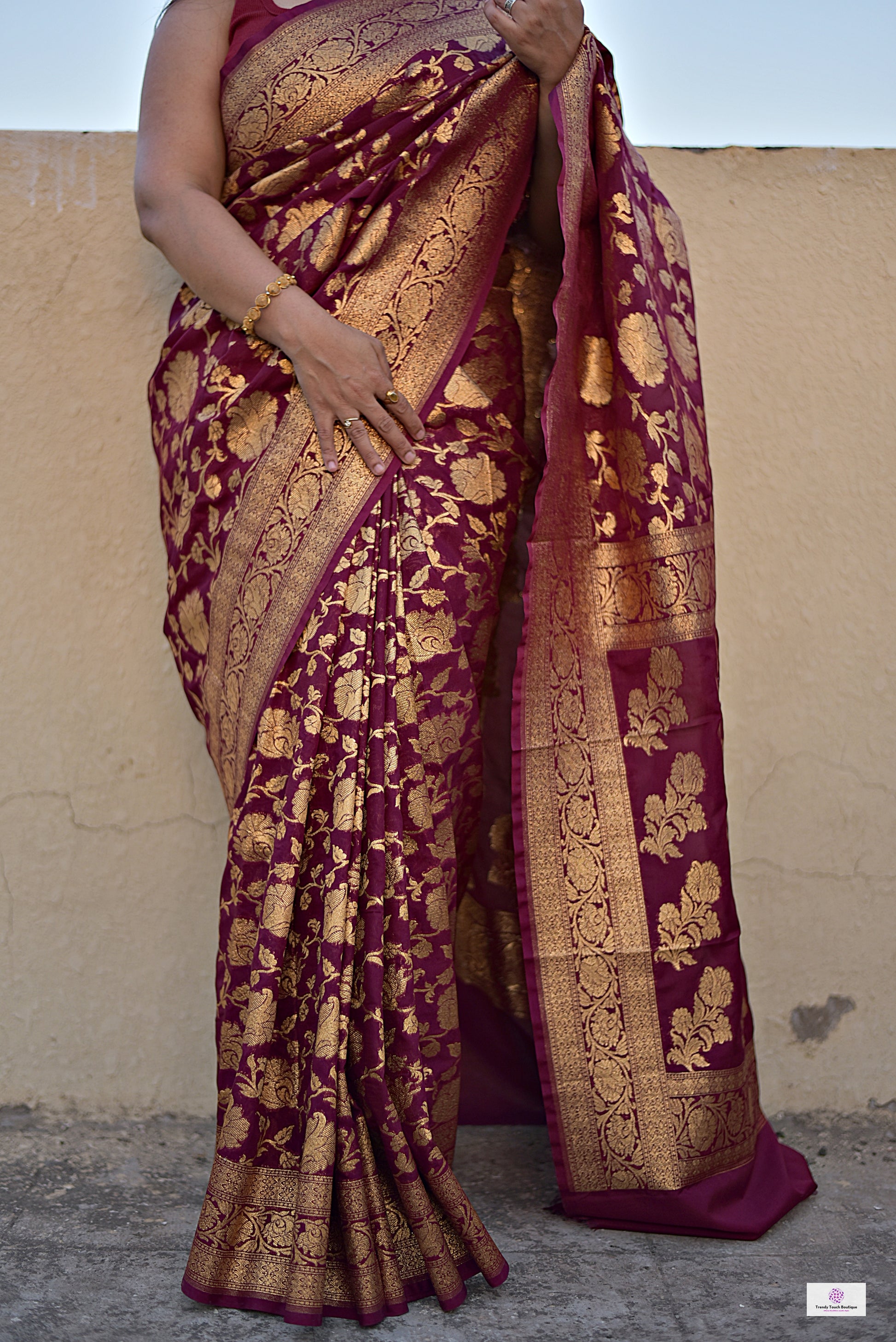 georgette banarasi silk designer saree wedding party celebration marriage function maroon and gold zari handwoven handloom best price with blouse piece