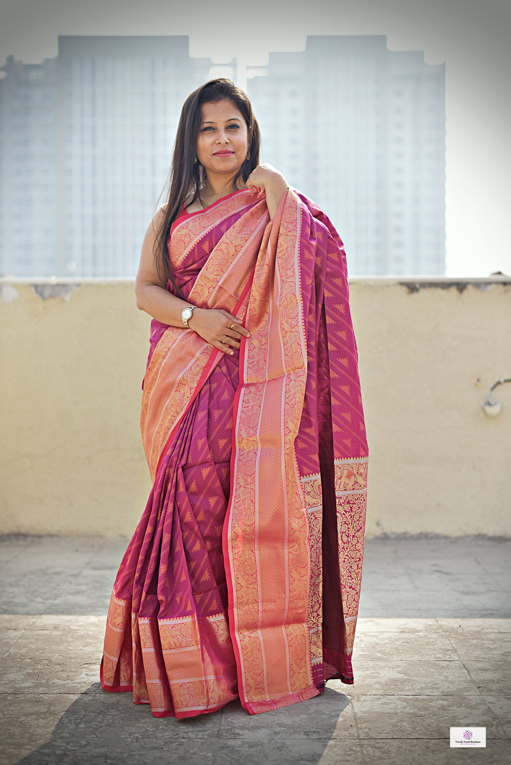 Kanjivaram styled pink copper zari work party wear special occasion saree for wedding function or bridal gift