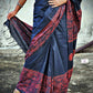 Cotton handloom black saree with orange thread kantha hand embroidered best summer fabric for formal and casual styling marriage functions and family events with blouse piece best price