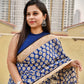 handblockprinted blue beige organic mulcotton saree best summer fabric office and causal style best price with blouse piece