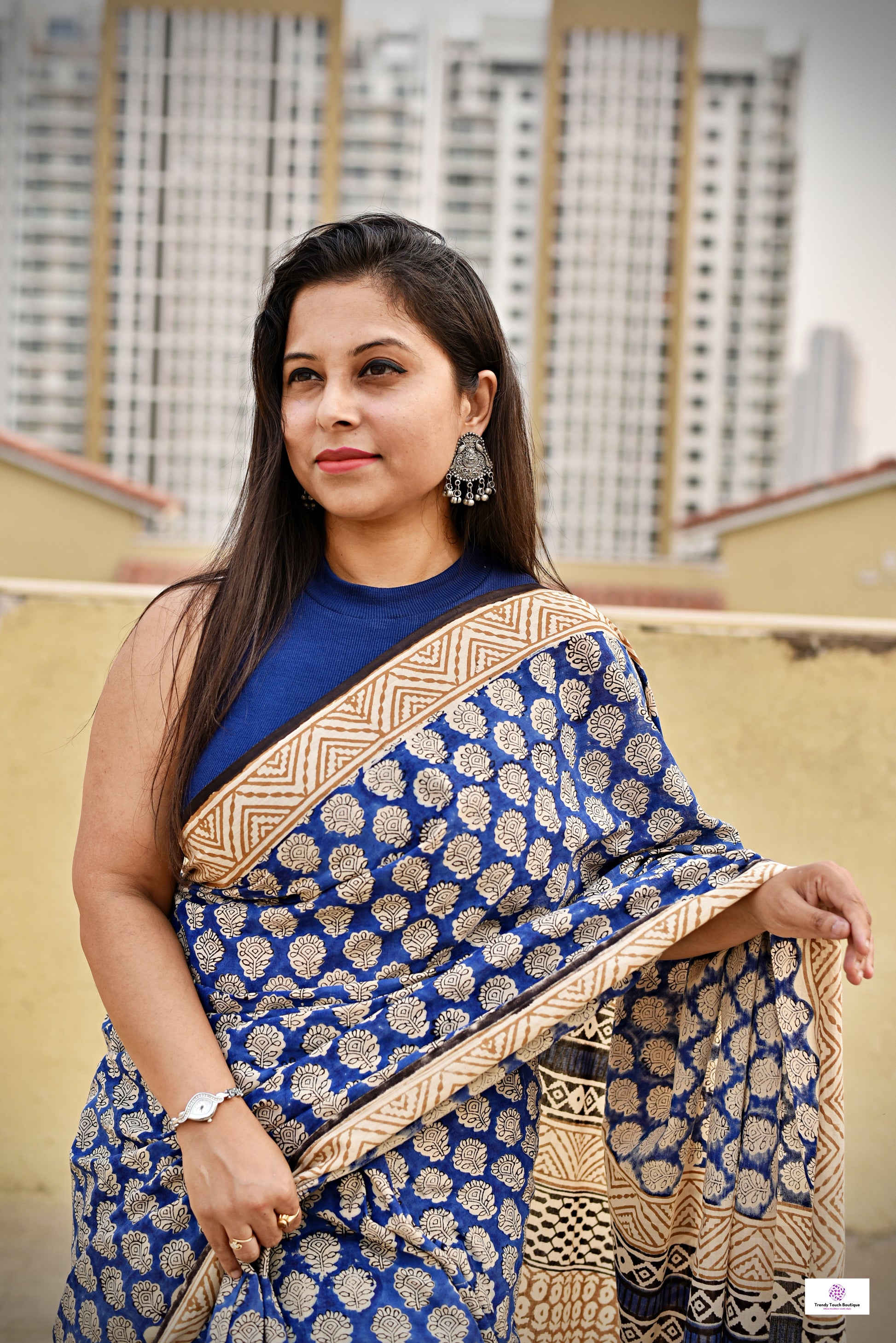 handblockprinted blue beige organic mulcotton saree best summer fabric office and causal style best price with blouse piece