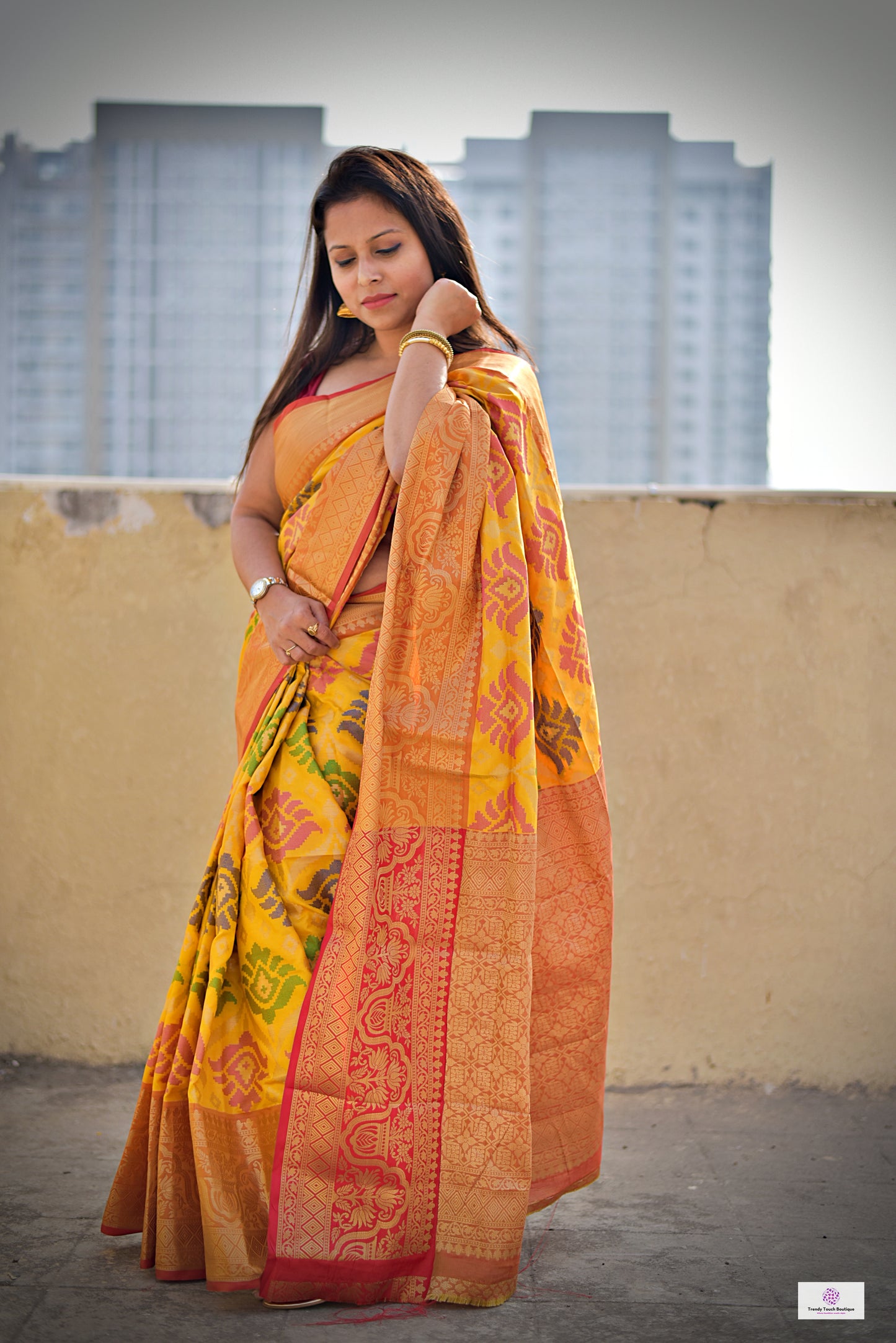 BINODINI - SOFT SILK SAREE (YELLOW & ORANGE & RED)