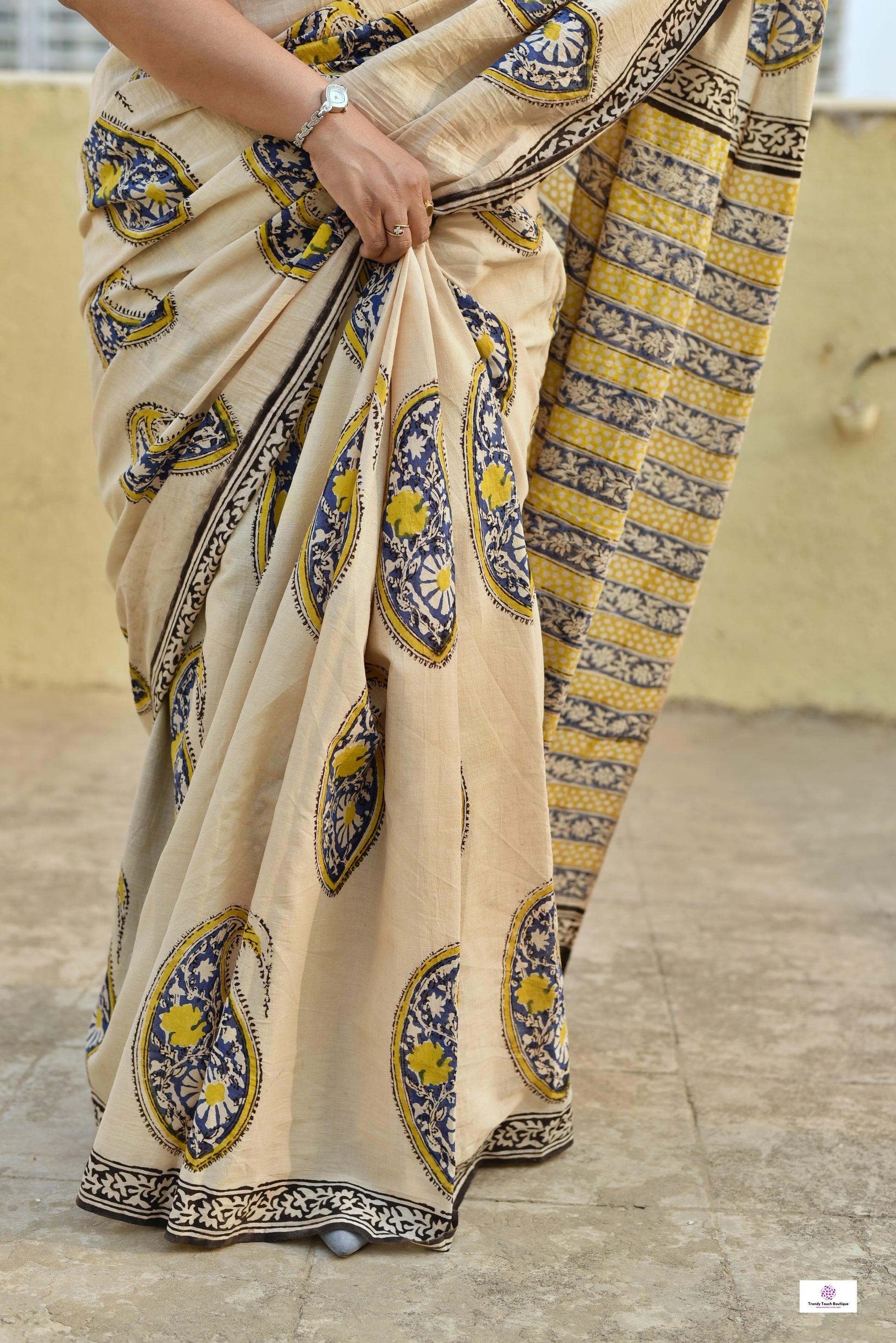 handblockprinted mulcotton in beige base with blue, yellow and black for office and casual styling summer best fabric saree with blouse piece and best price