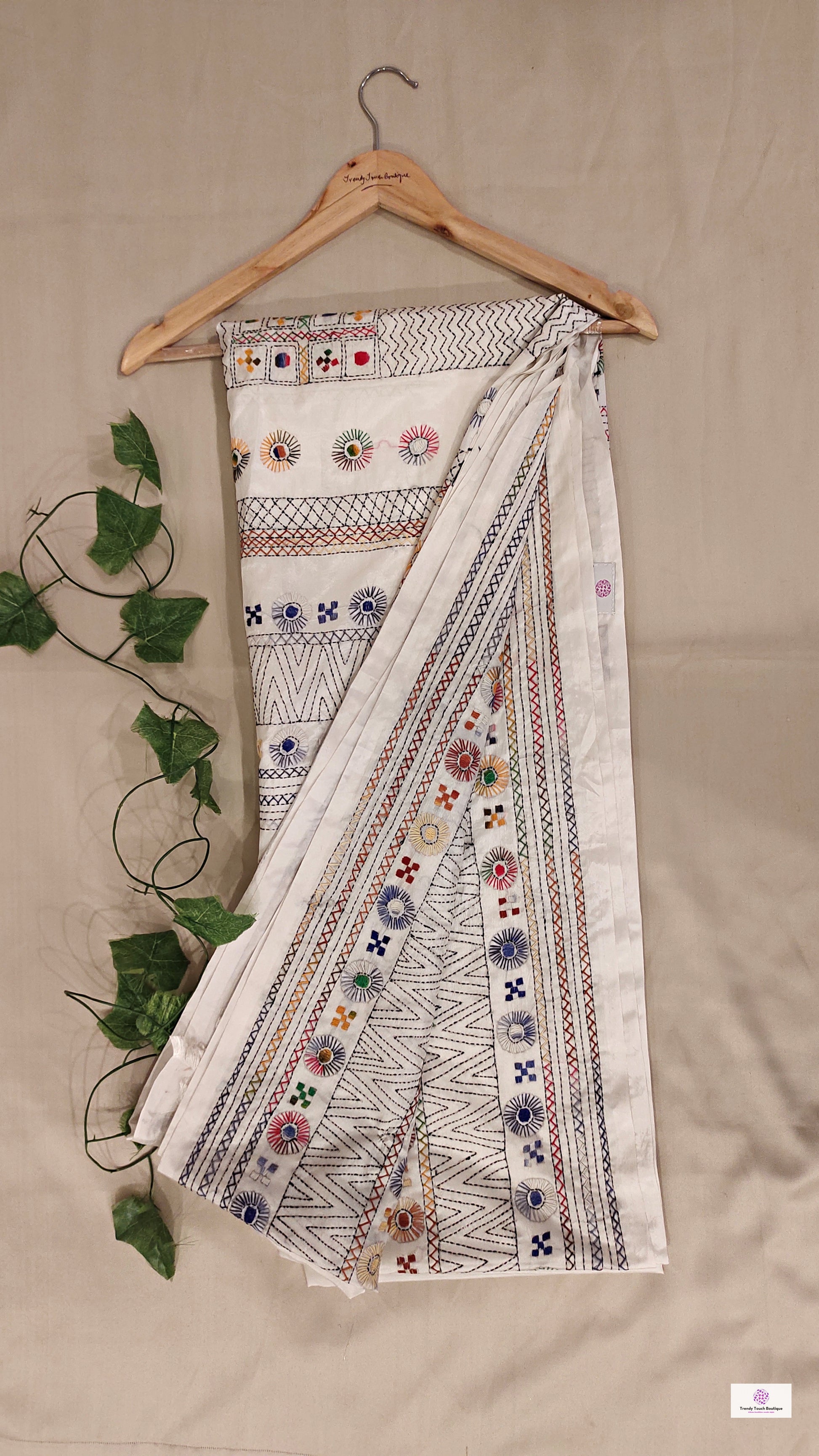 White lambani design kantha stitch hand embroidered soft bangalore silk saree wedding season party wear marriage celebration affordable price with blouse piece designer saree