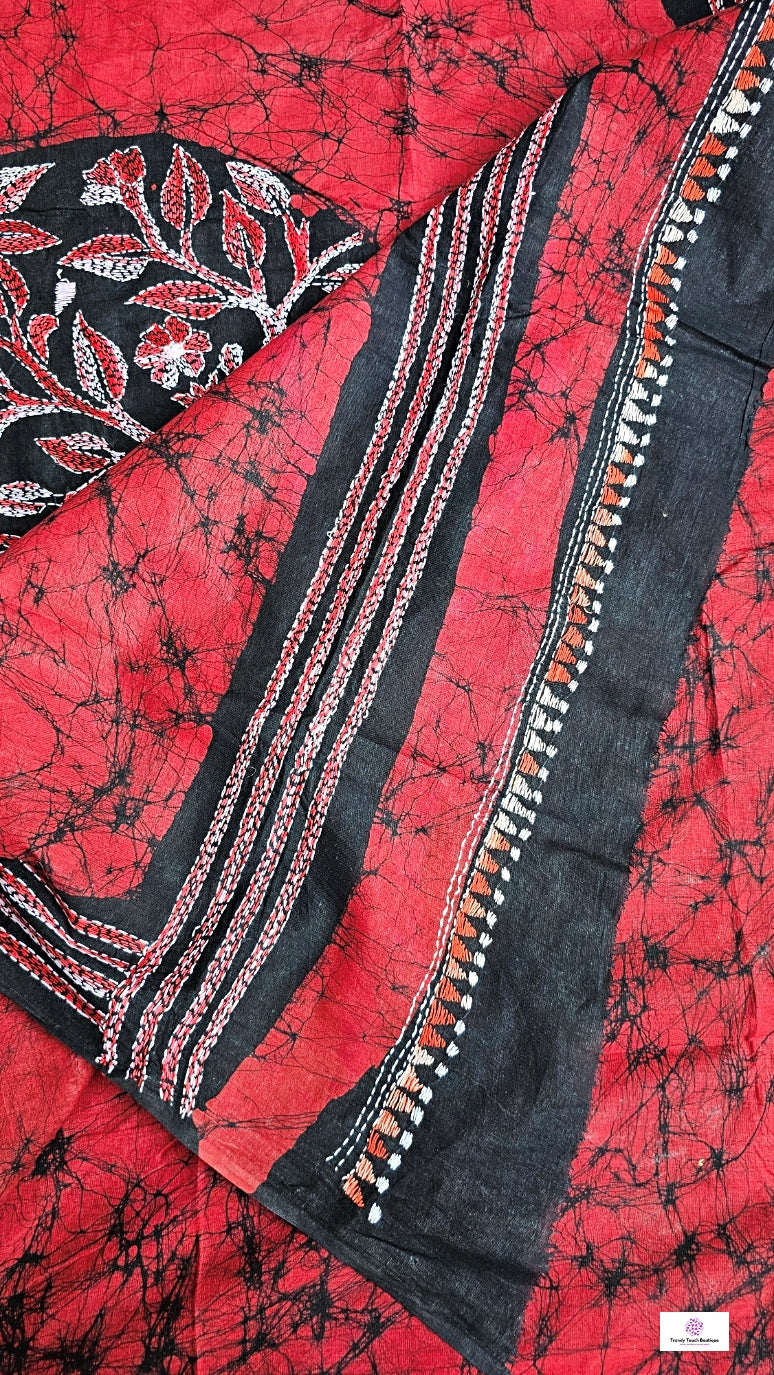 Romance - Kantha Work & Hand Batik - Cotton Saree