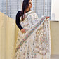 White Bangalore art silk Kantha stitch saree office wear wedding function celebration party wear floral design with blouse piece best price