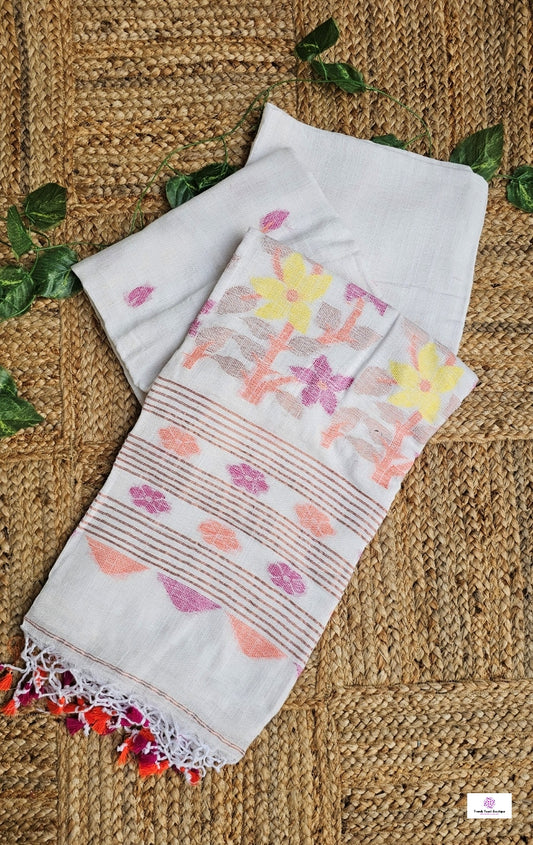 White Florals - Jamdani Handloom - Linen Saree