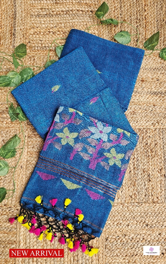 FLORALS - LINEN JAMDANI HANDLOOM SAREE (BLUE)
