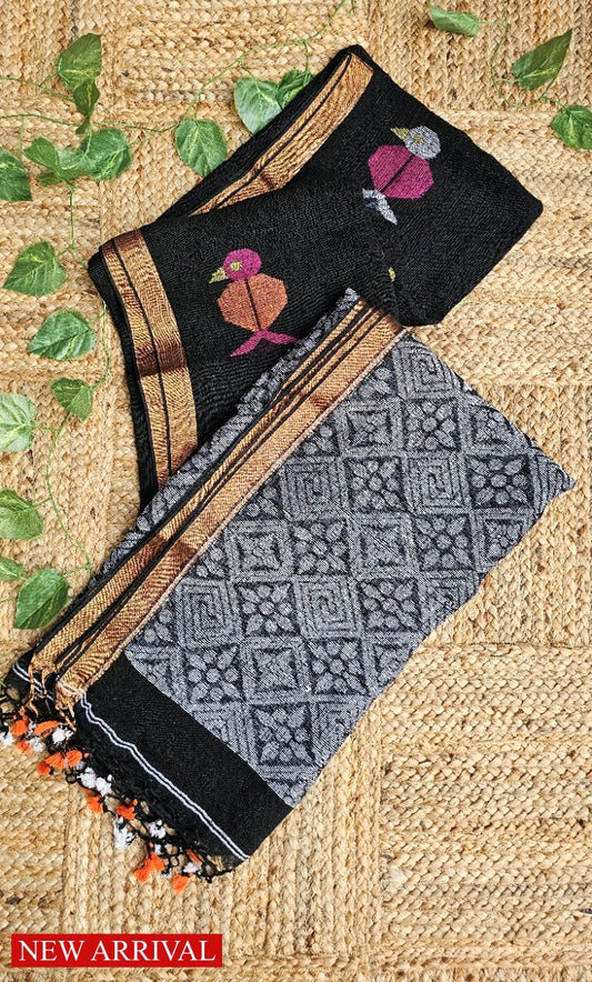 BIRDY - LINEN JAMDANI HANDLOOM SAREE (BLACK)